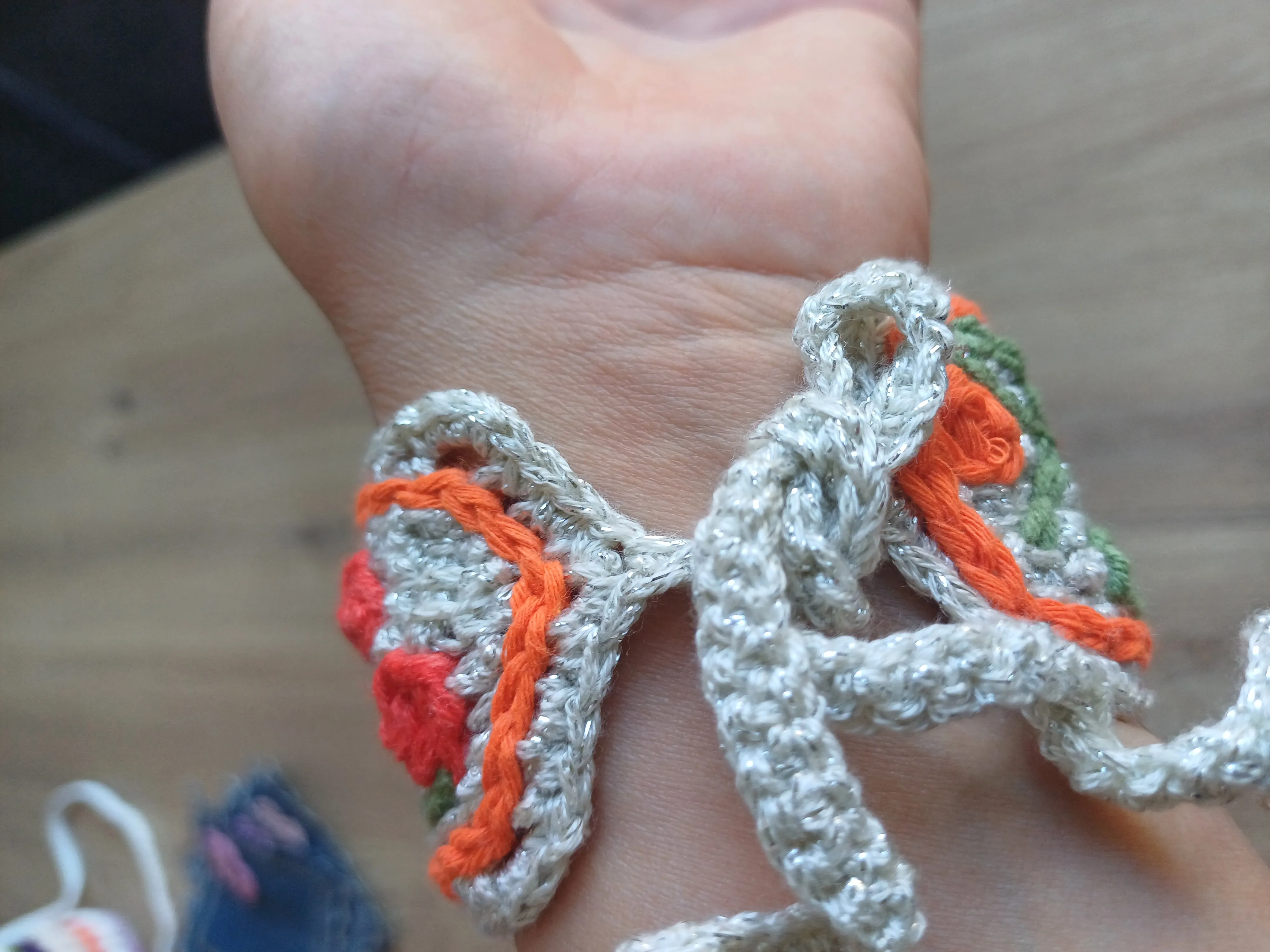 Cream Colored Flower Embroidered Authentic Hand Knit Bracelet - Adjustable