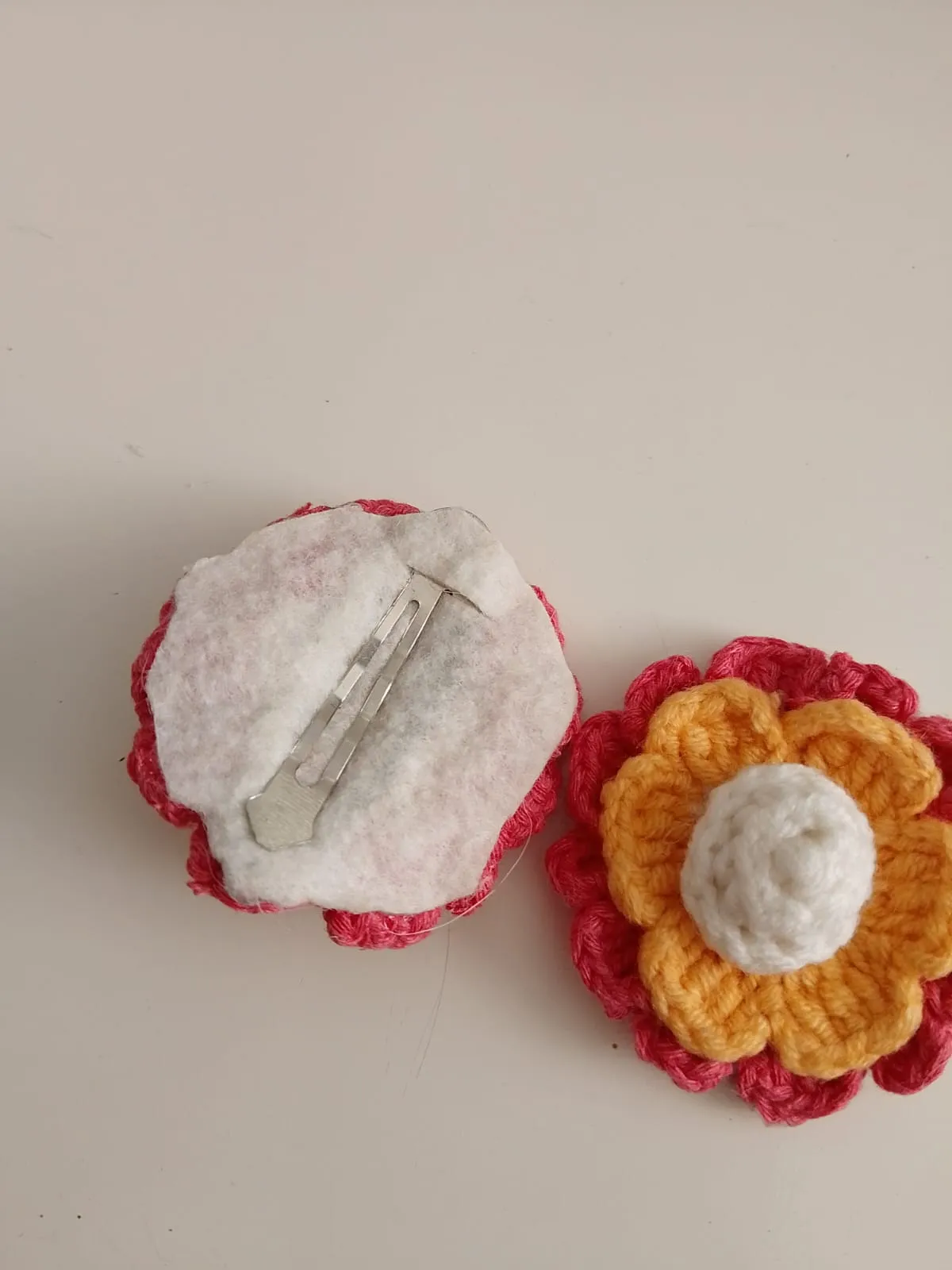 Knitted Flower Hair Clip - Handmade from Yellow, Red and White Yarn