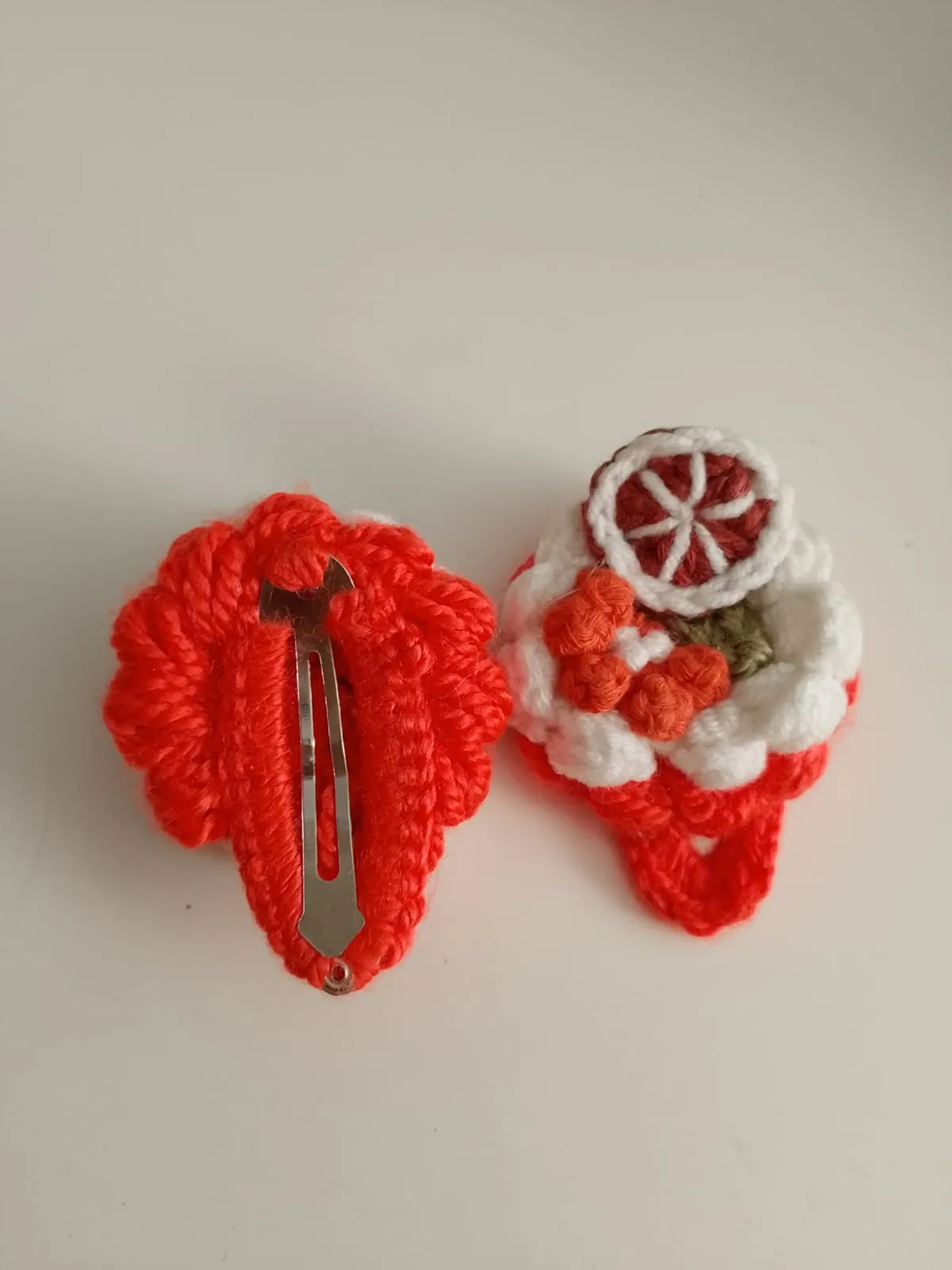 Orange Flower Patterned Knitted Hair Clip - Handmade Hair Accessory
