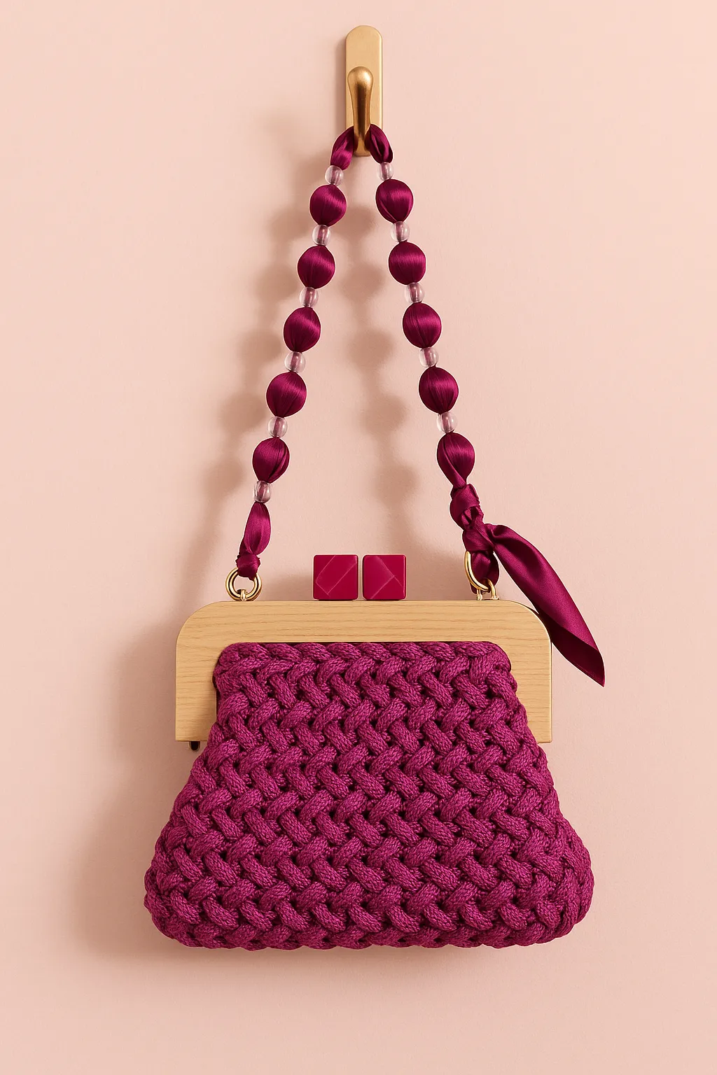 Fuchsia Glitter Knit Evening Bag - Wooden Clasp and Bead Detailed