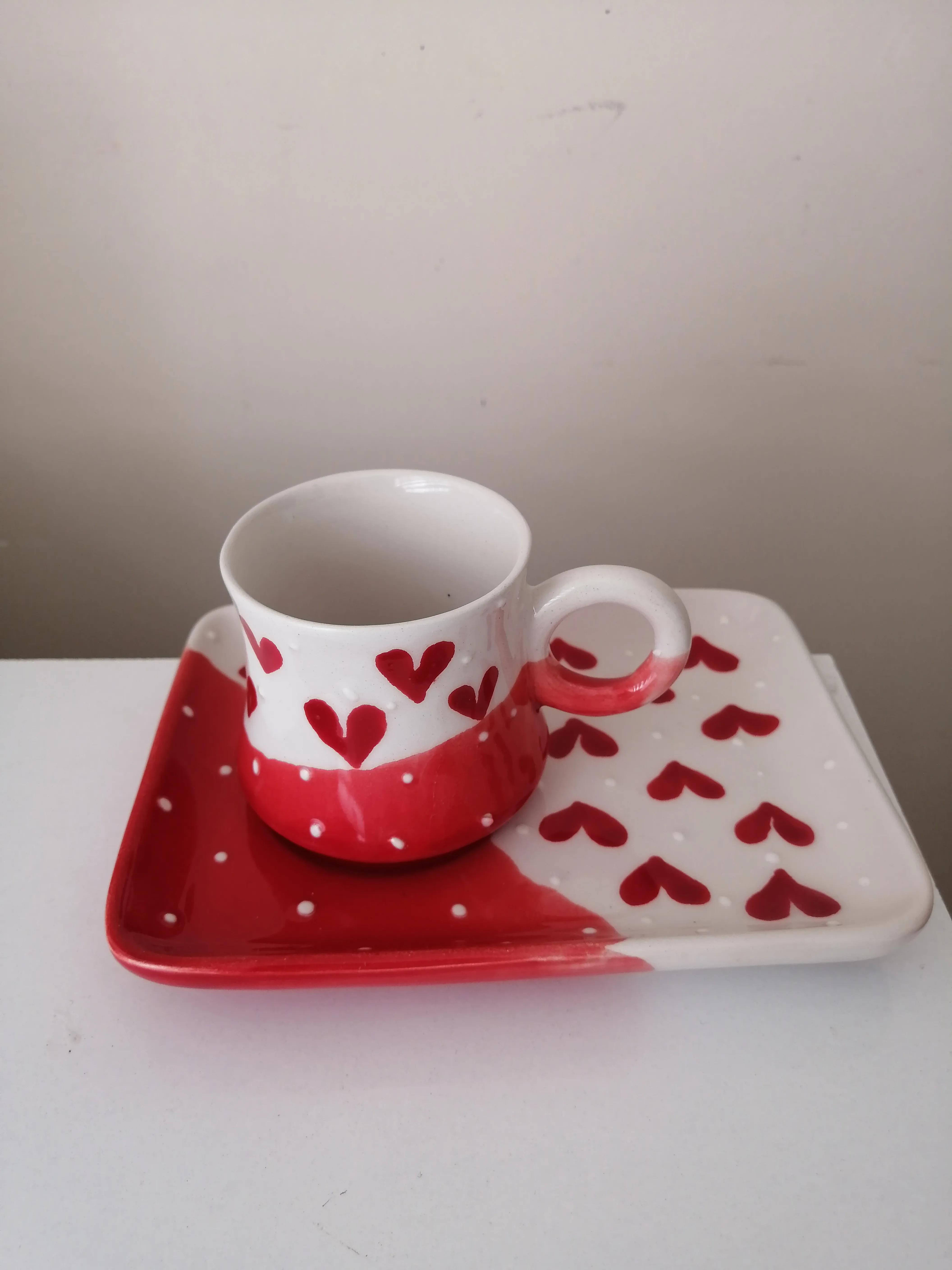 Red Heart Ceramic Coffee Cup and Saucer Set - Handmade