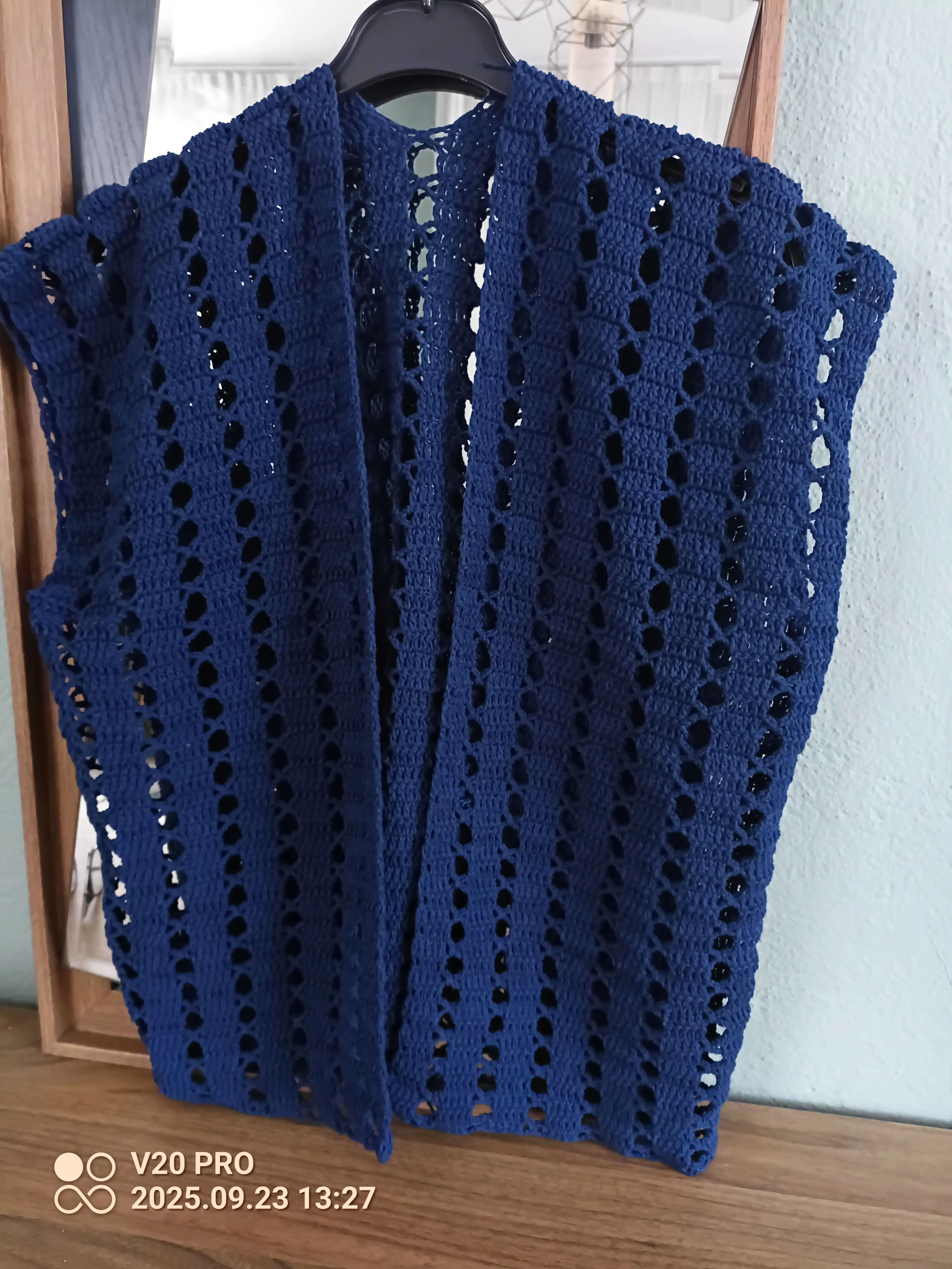 Navy Blue Knitted Vest with Openwork Pattern from Cotton Yarn - Suitable for Size 40-42 - Handmade