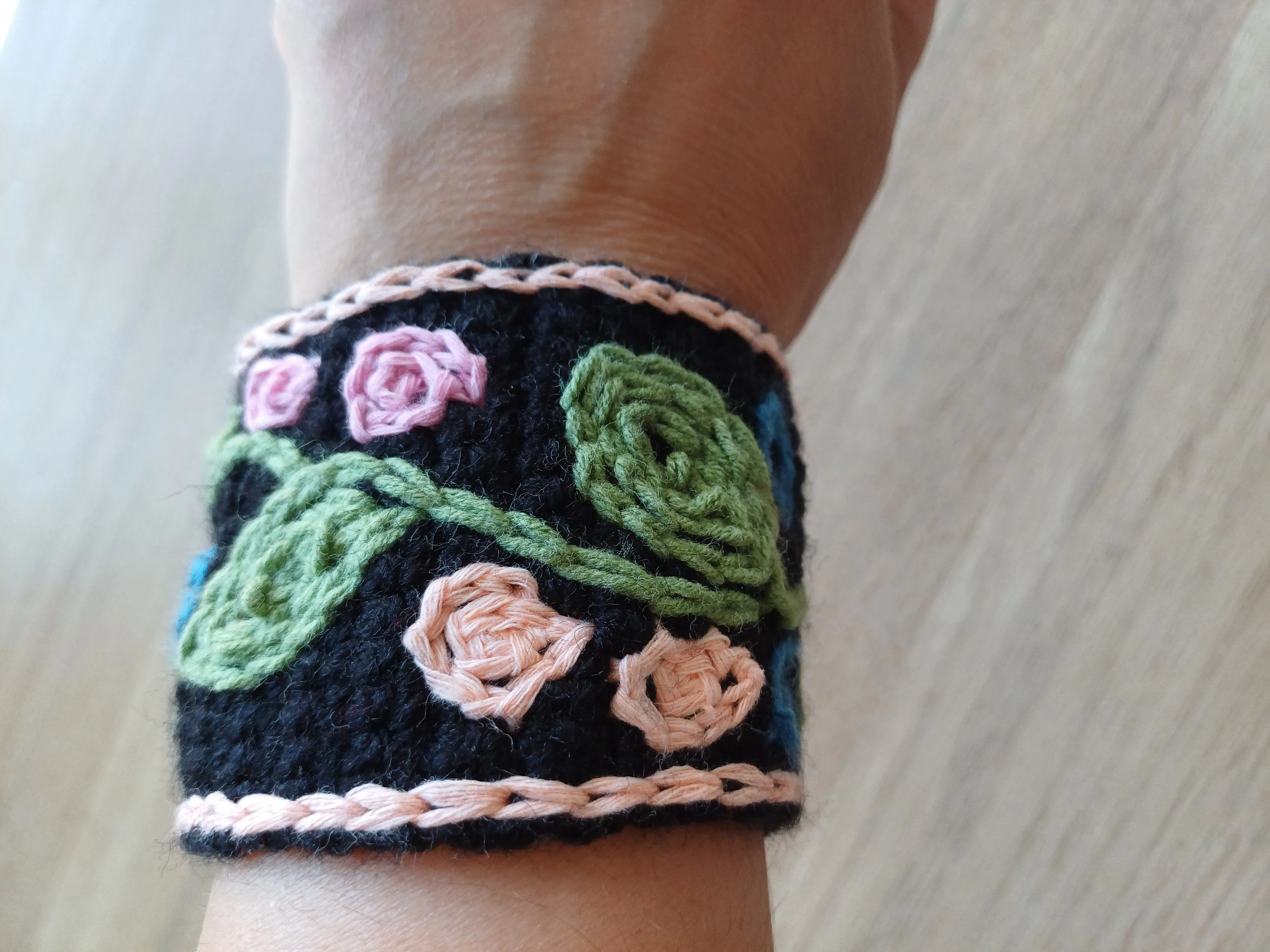 Black Hand Knitted Authentic Bracelet - Flower Embroidered and Adjustable