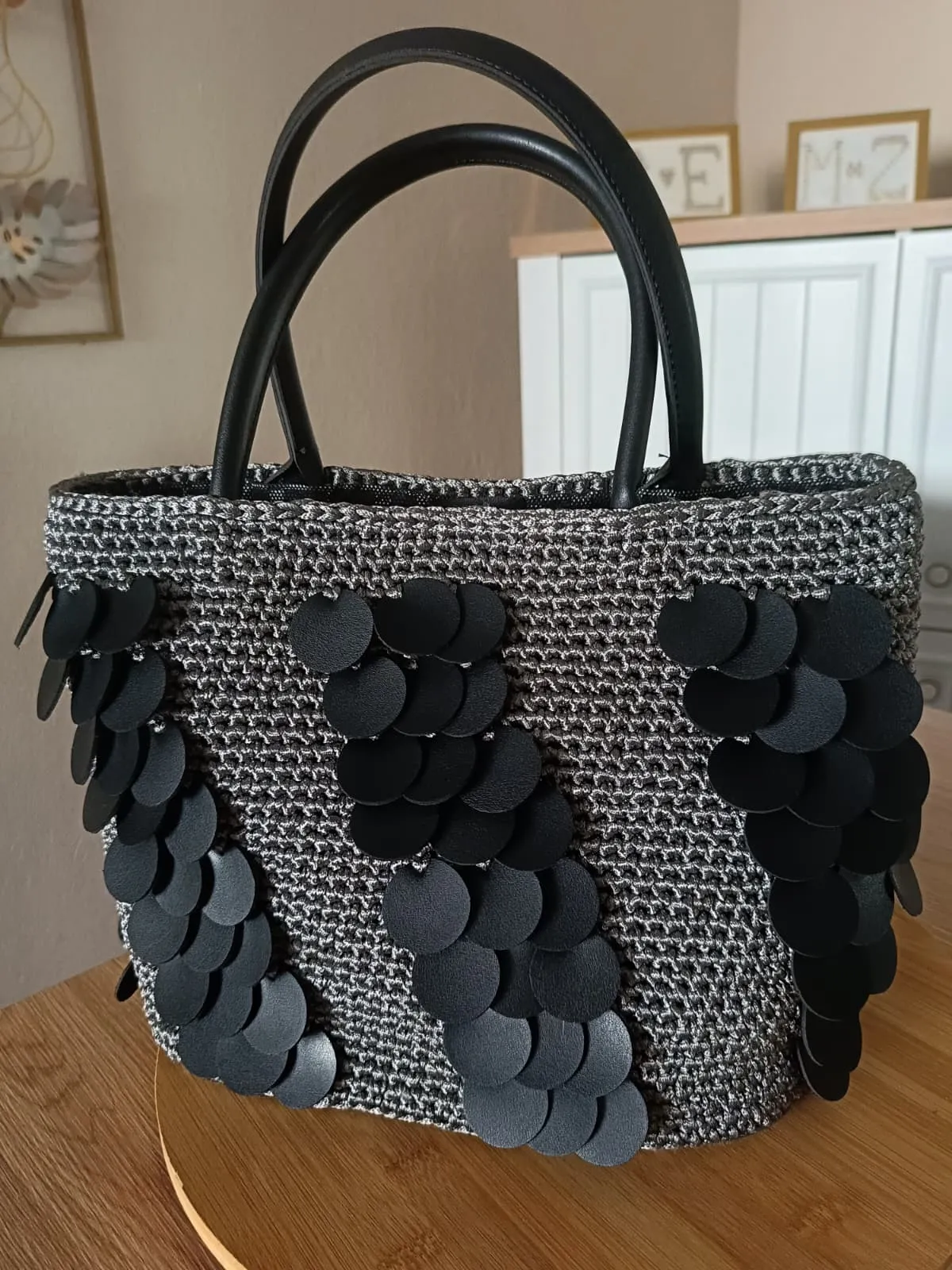 Gray Ribon Rope Knit and Black Leather Sequin Design Bag