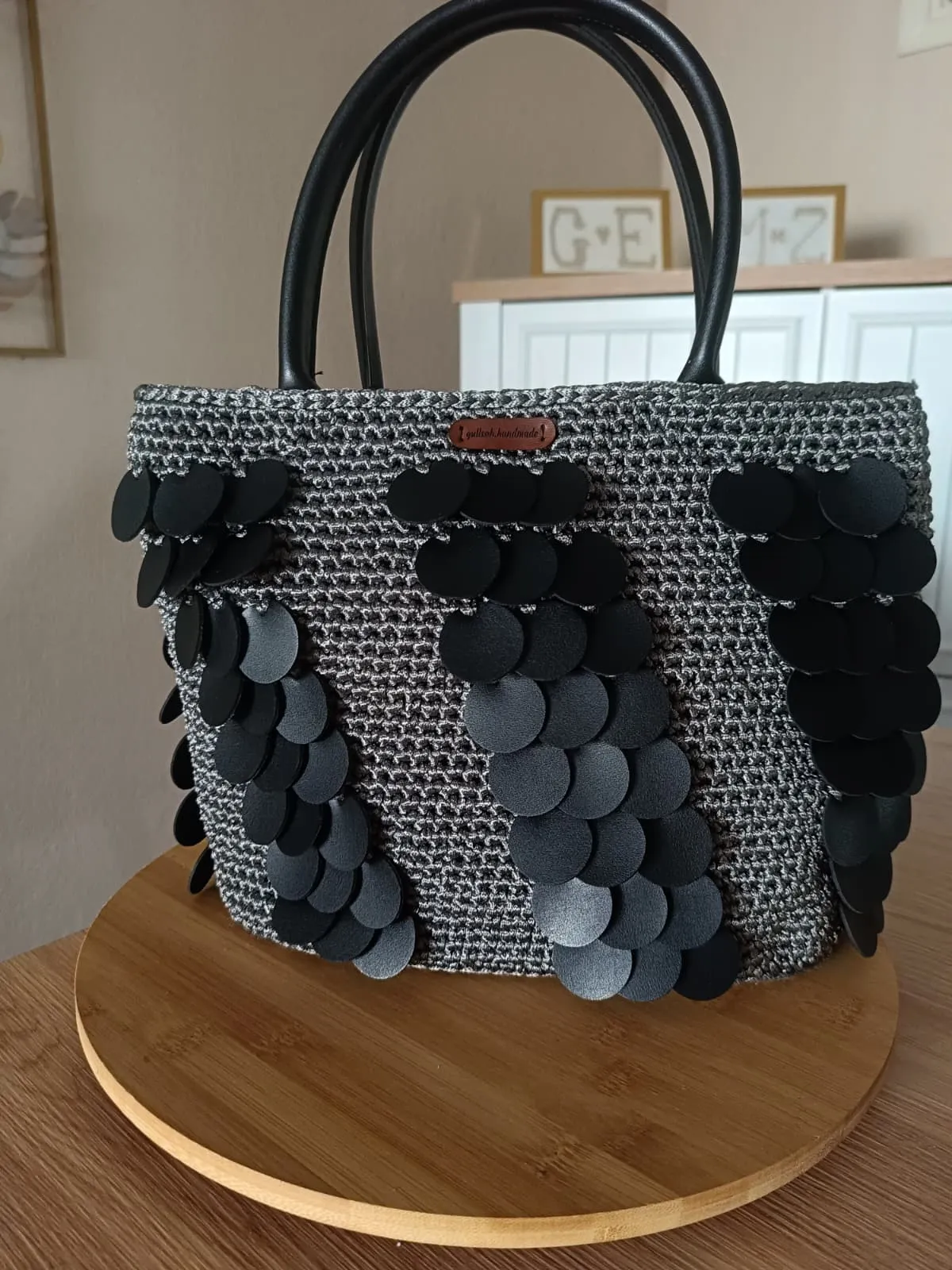Gray Ribon Rope Knit and Black Leather Sequin Design Bag