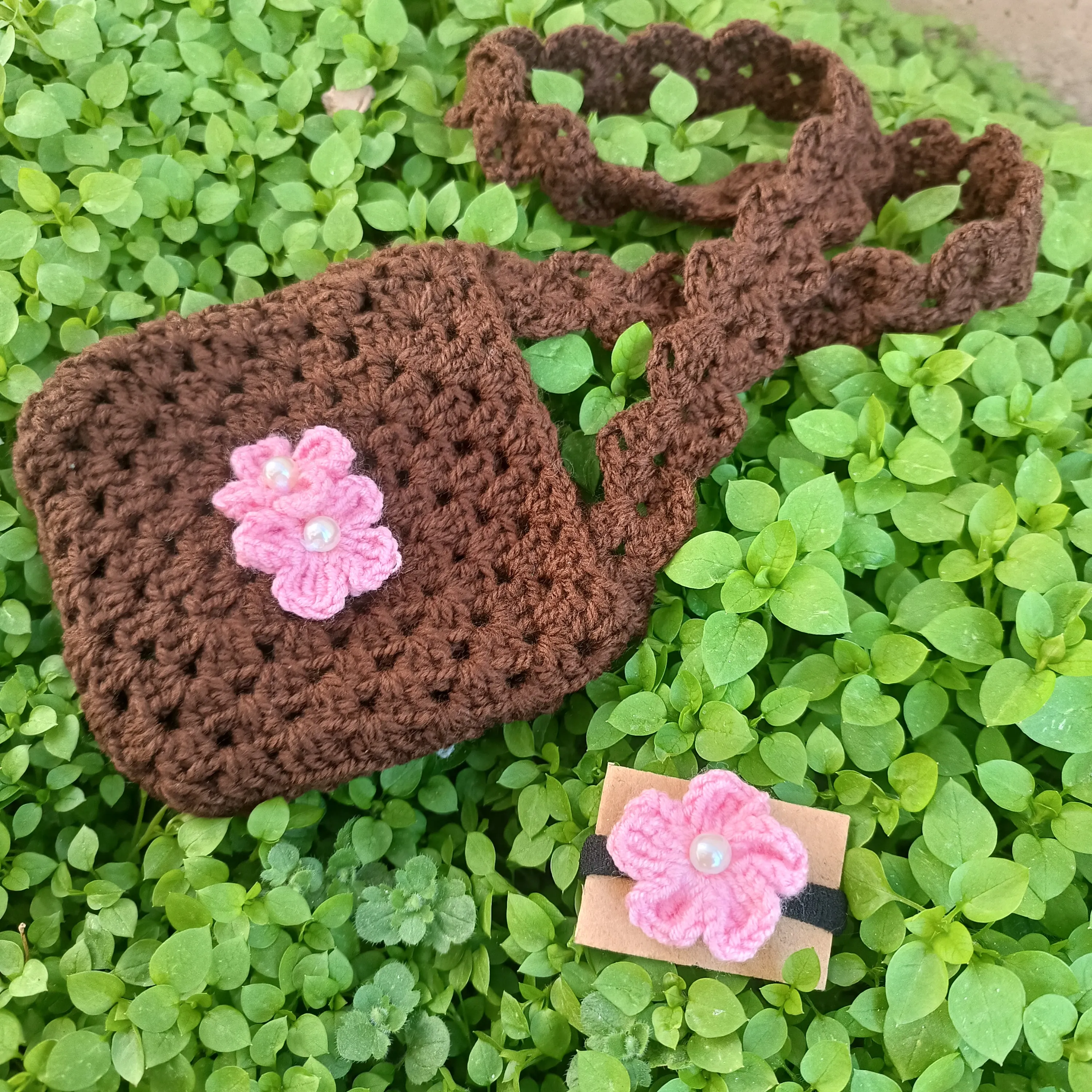 Brown Knitted Bag and Pink Floral Hair Clip Set - Handmade