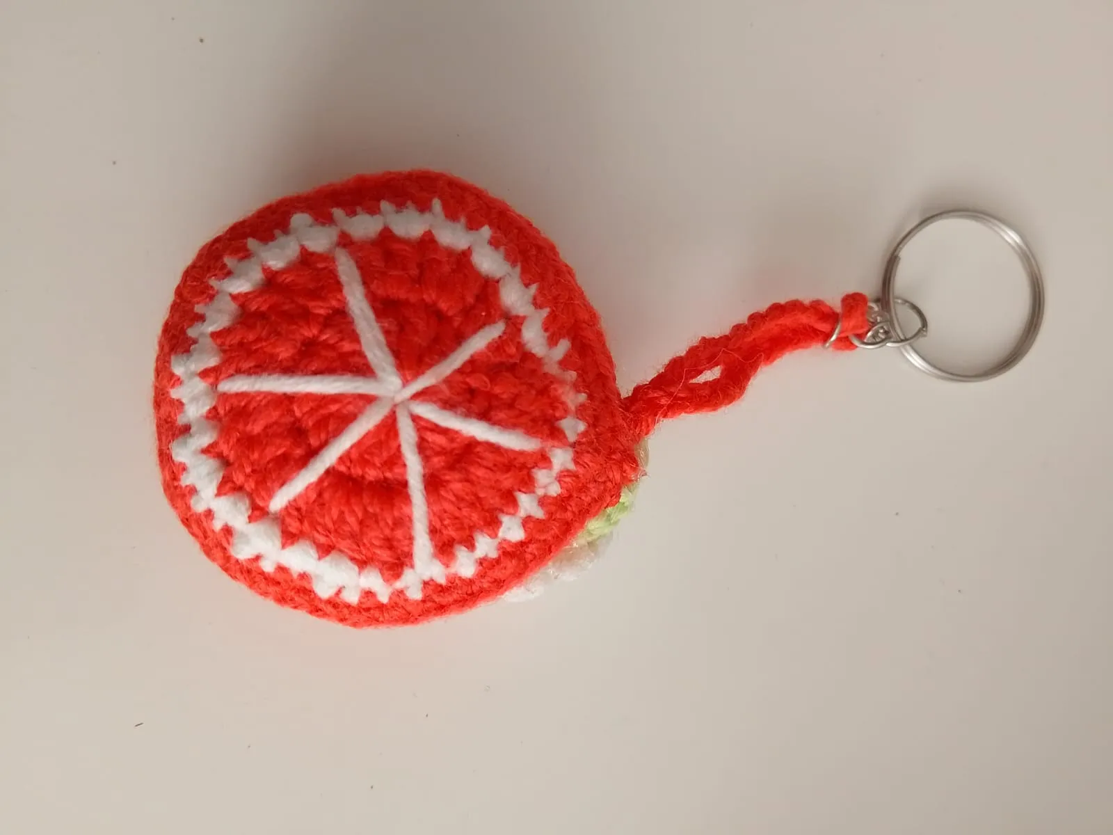 Knitted Mandarin Slice Keychain - Red and White - Handmade