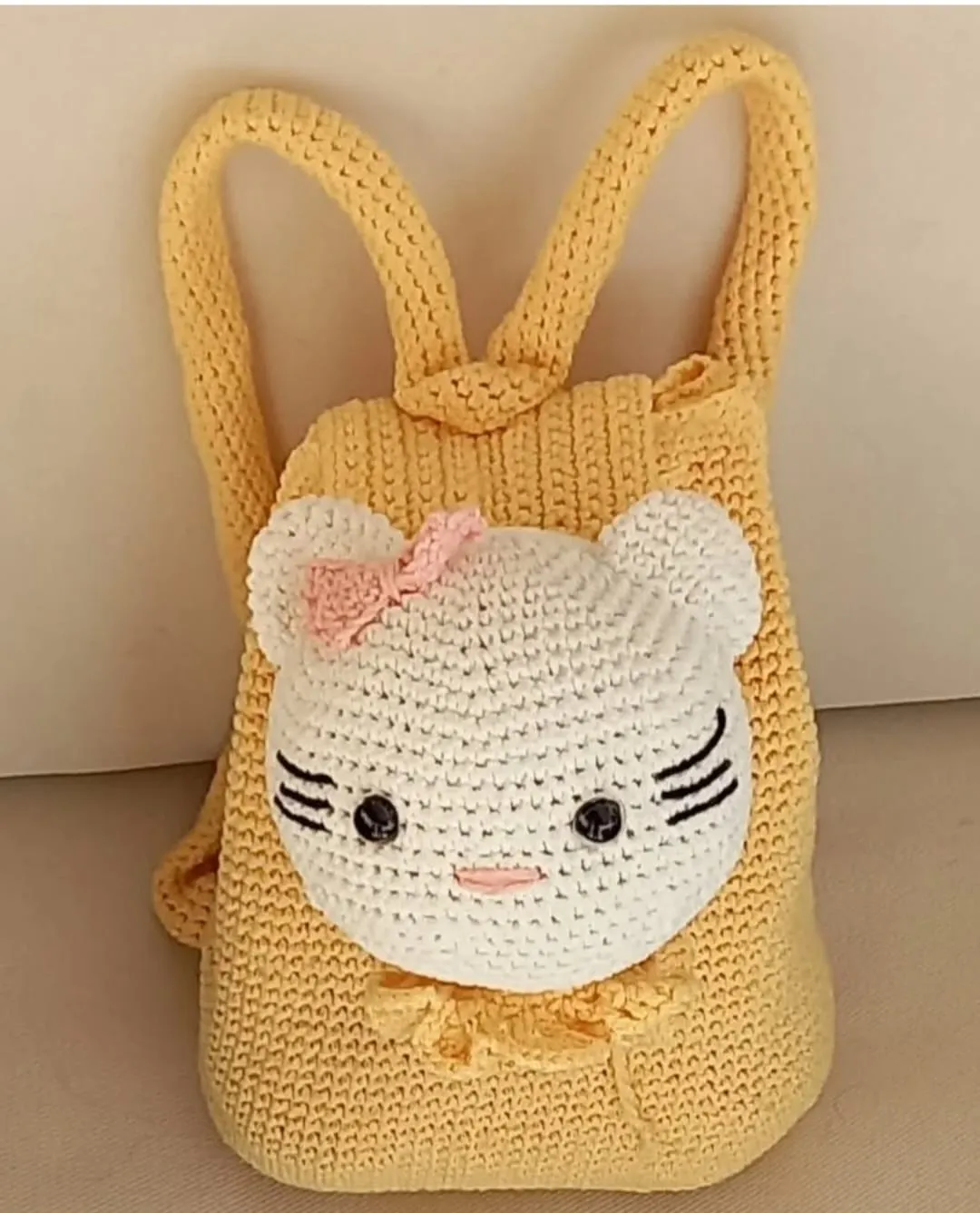 Sarı Renkli Kedi Figürlü Pamuk İpten Örme Çocuk Sırt Çantası