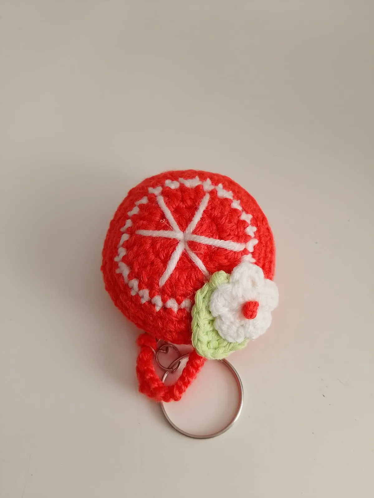 Knitted Mandarin Slice Keychain - Red and White - Handmade