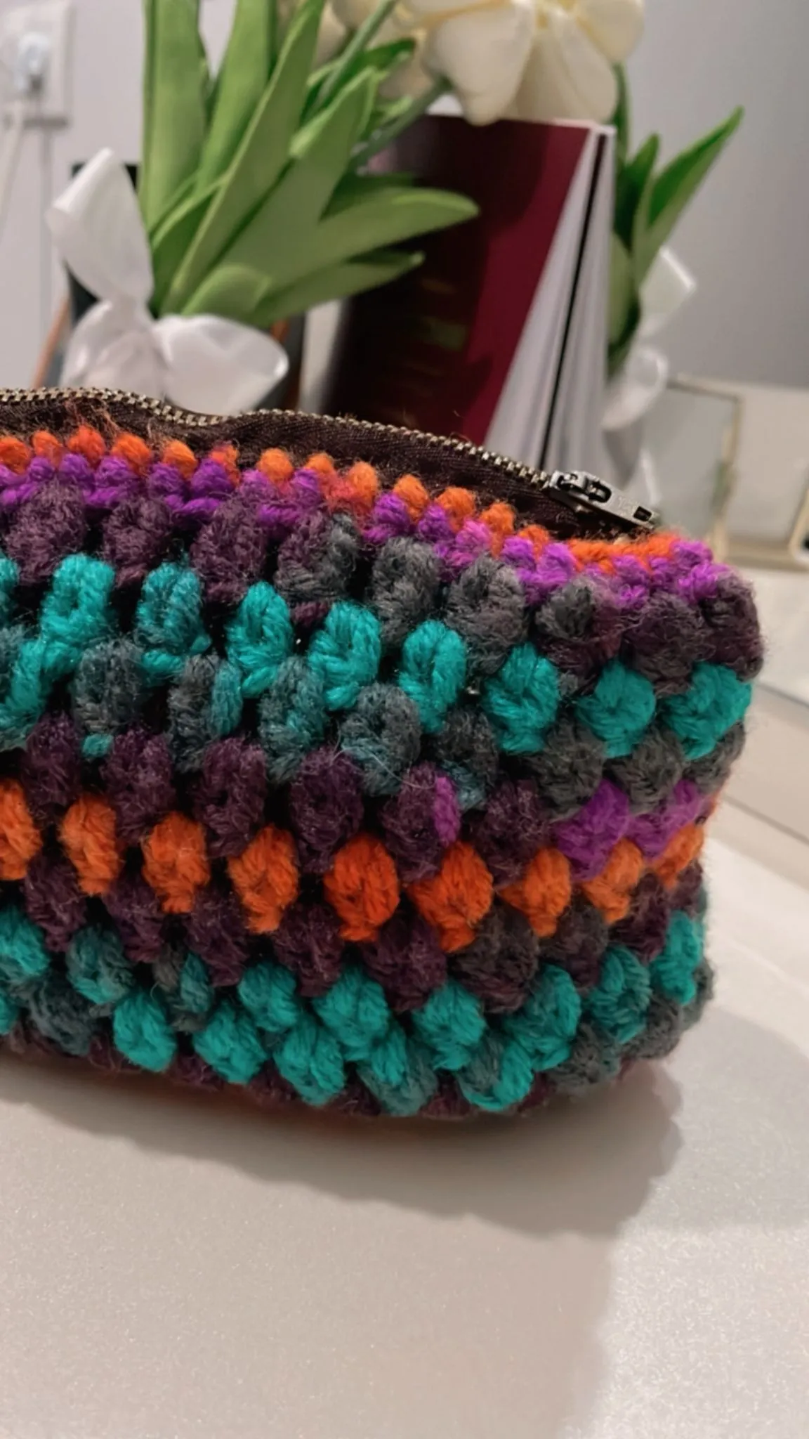 Multi-Colored Crochet Knitted Bag - Handmade Zippered Makeup Bag