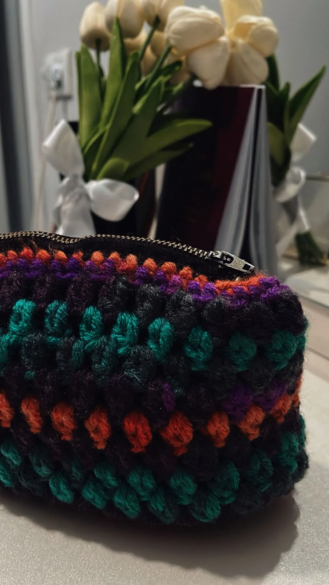Multi-Colored Crochet Knitted Bag - Handmade Zippered Makeup Bag