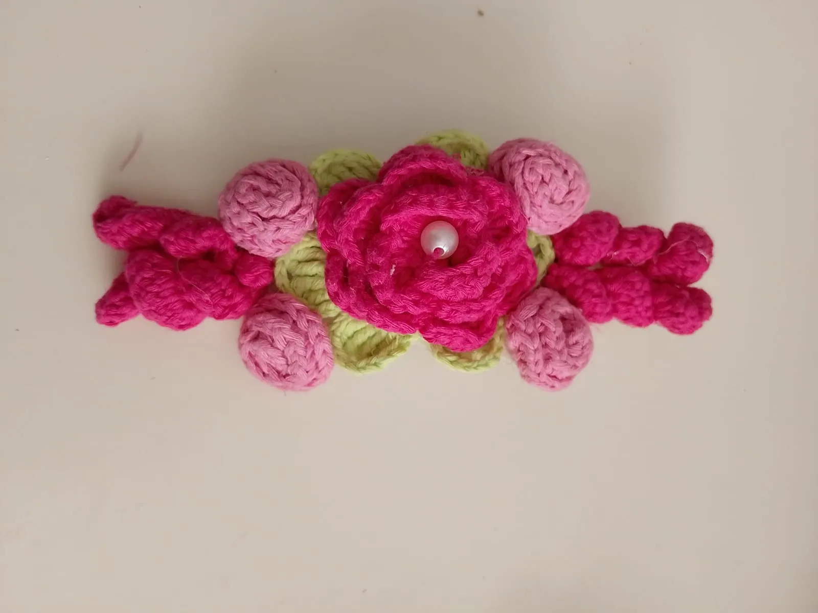 Pink Rose Knitted Hair Clip with Clamp - Handmade Design