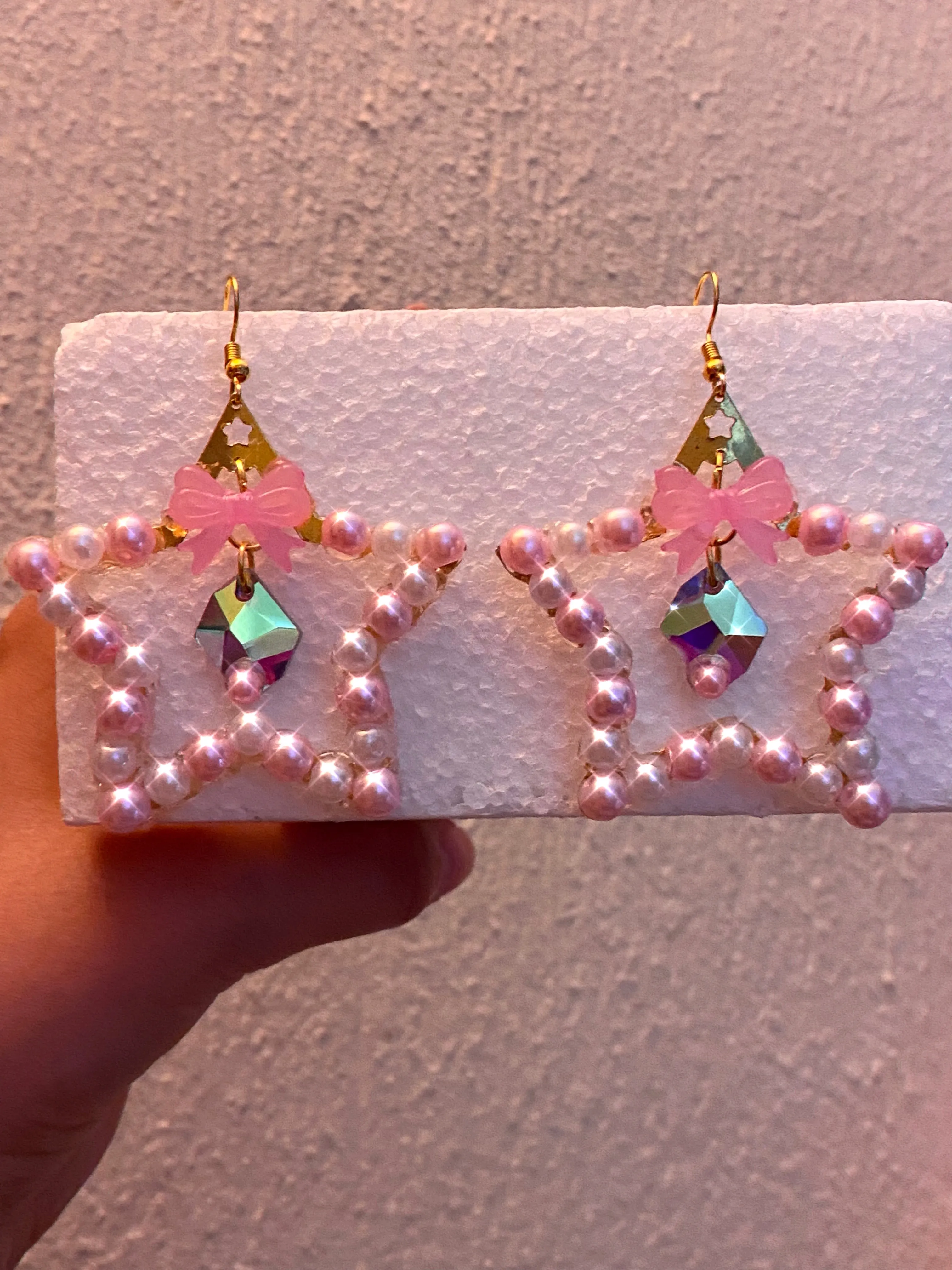 Pink Pearl Detailed Star Earring - Coquette Style, Special Design