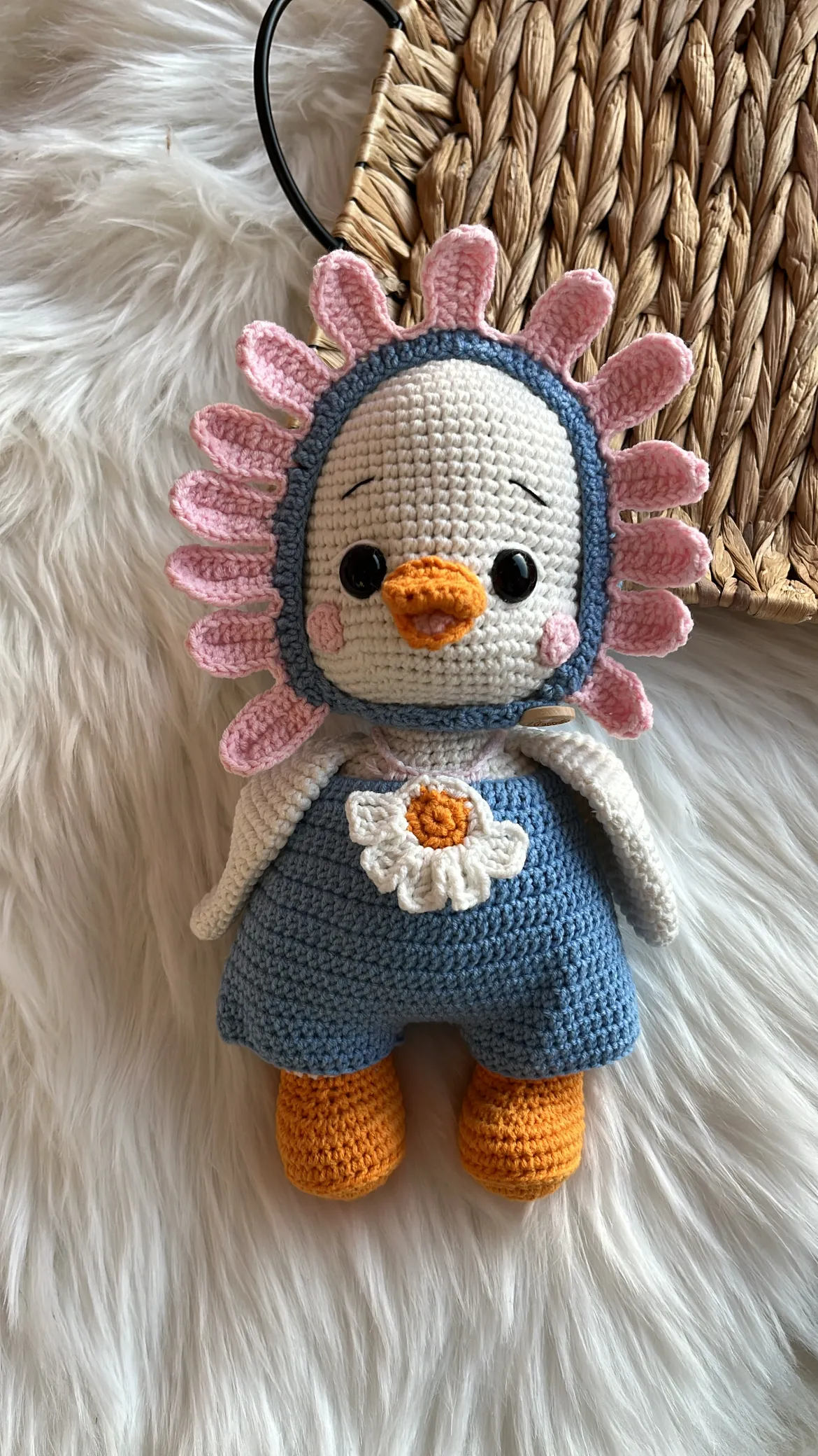 Blue Jumpsuit Amigurumi Duck Toy - Handmade Knitted Baby Gift