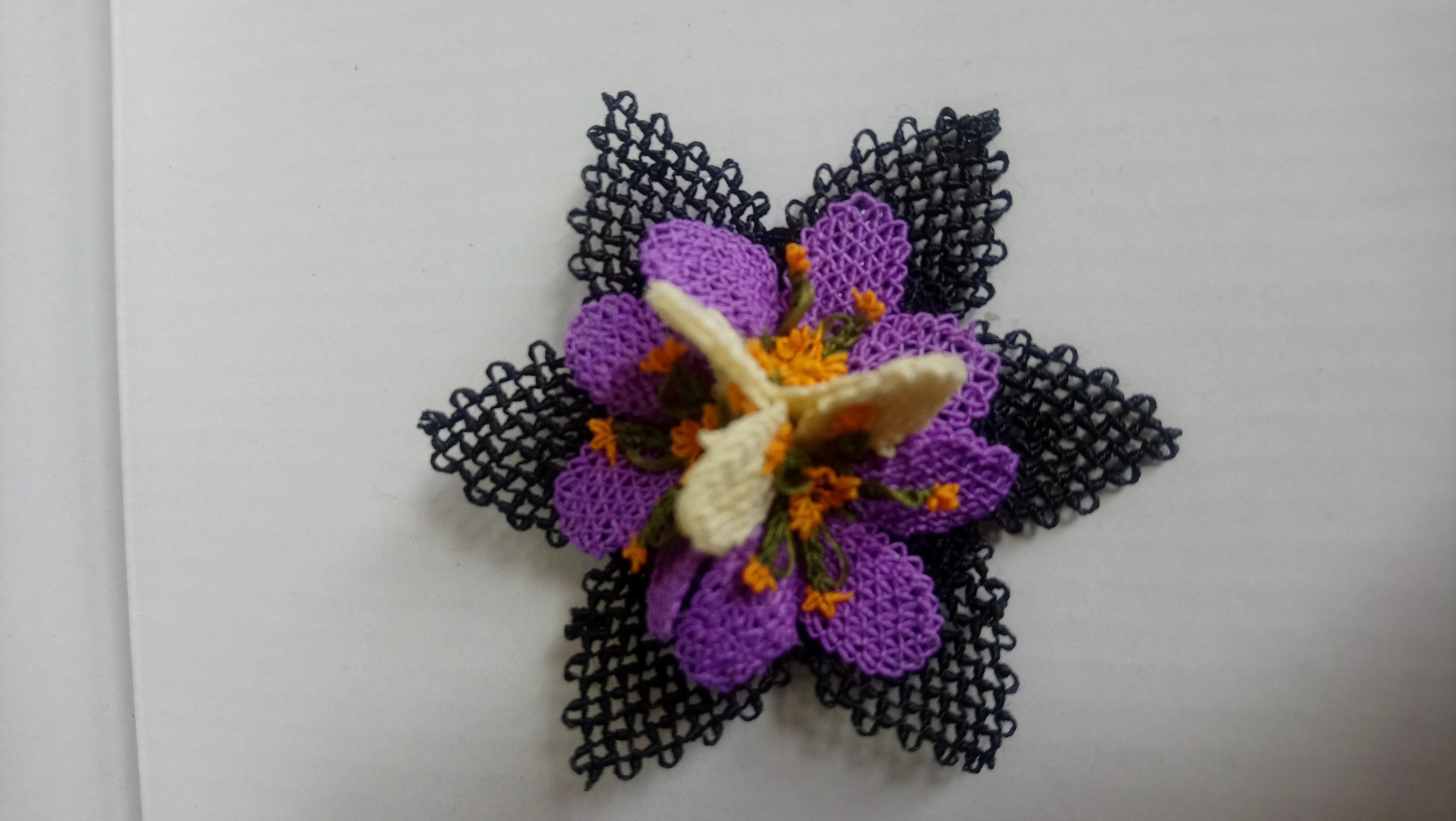 Purple and Black Needle Lace Flower Brooch - Handmade Collar Accessory