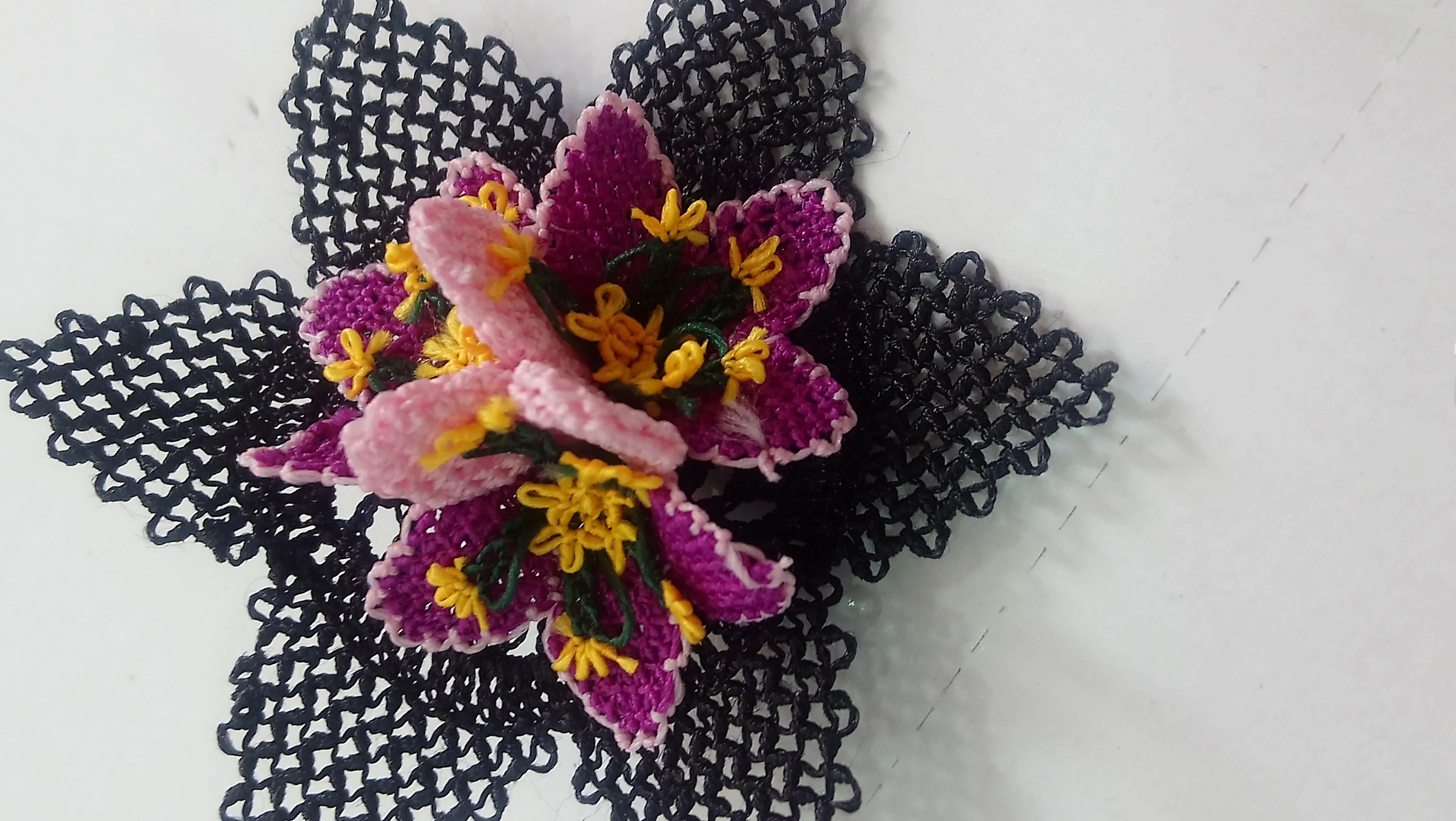 Pink and Purple Needle Lace Collar Brooch - Handcrafted with Love