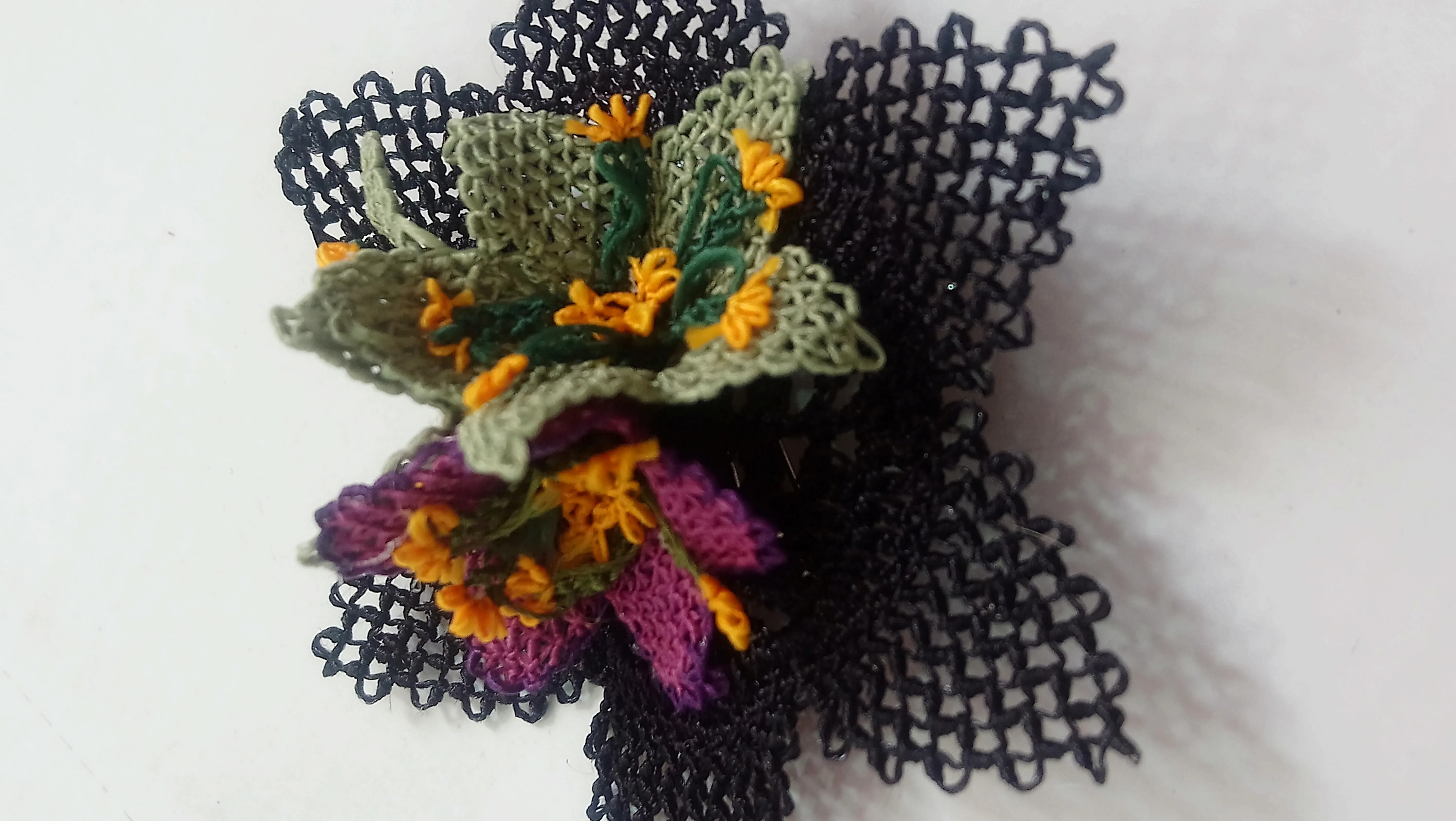 Needle Lace Flower Brooch - Black Lace Detailed Collar Accessory
