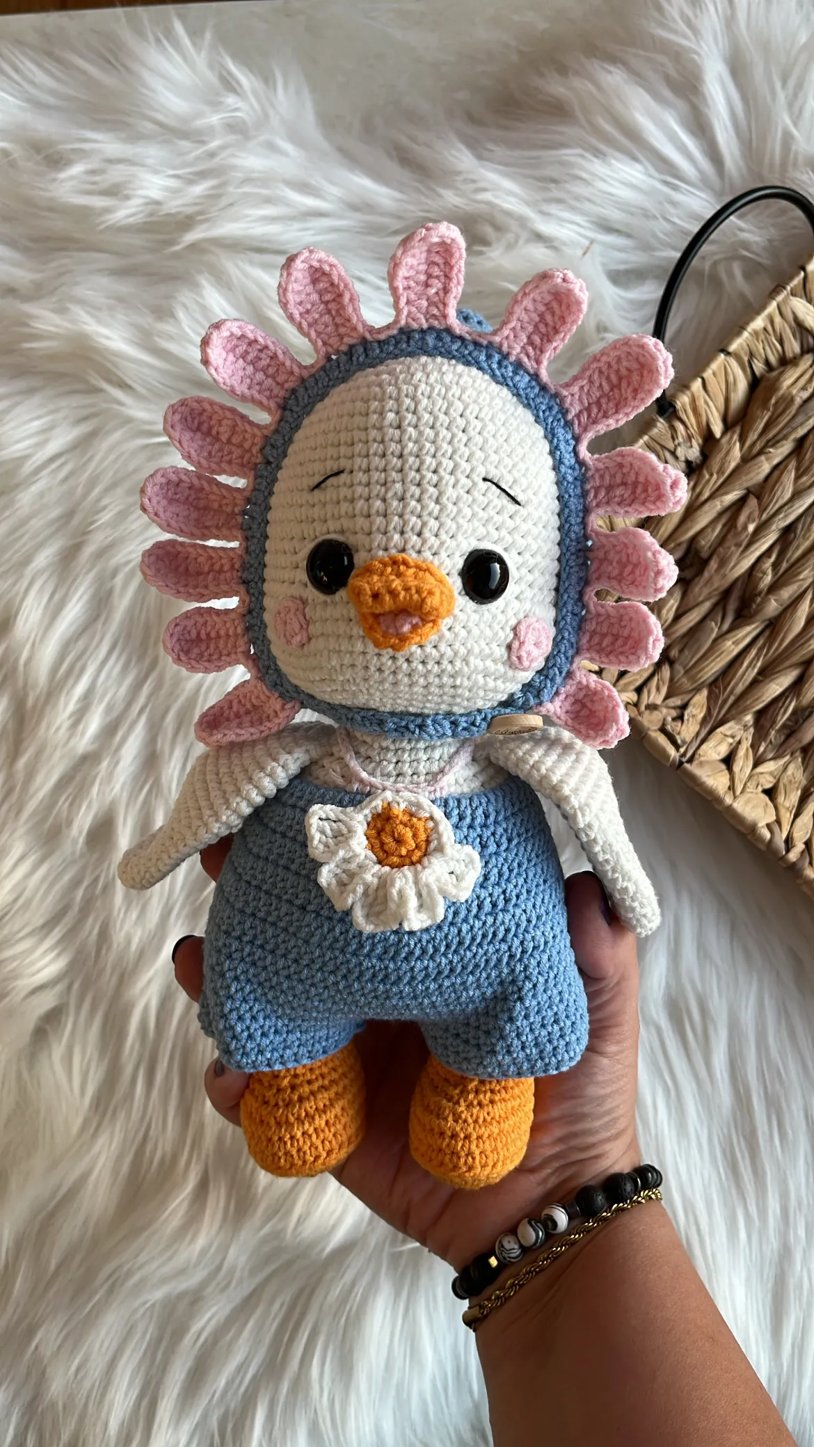 Blue Jumpsuit Amigurumi Duck Toy - Handmade Knitted Baby Gift