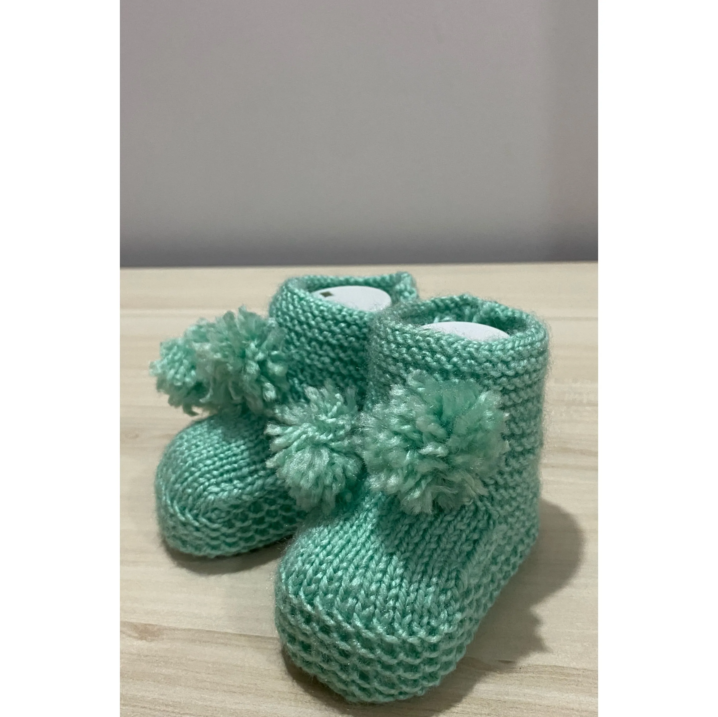 Mint Green Pompon Knit Baby Booties 0-1 Year - Handmade