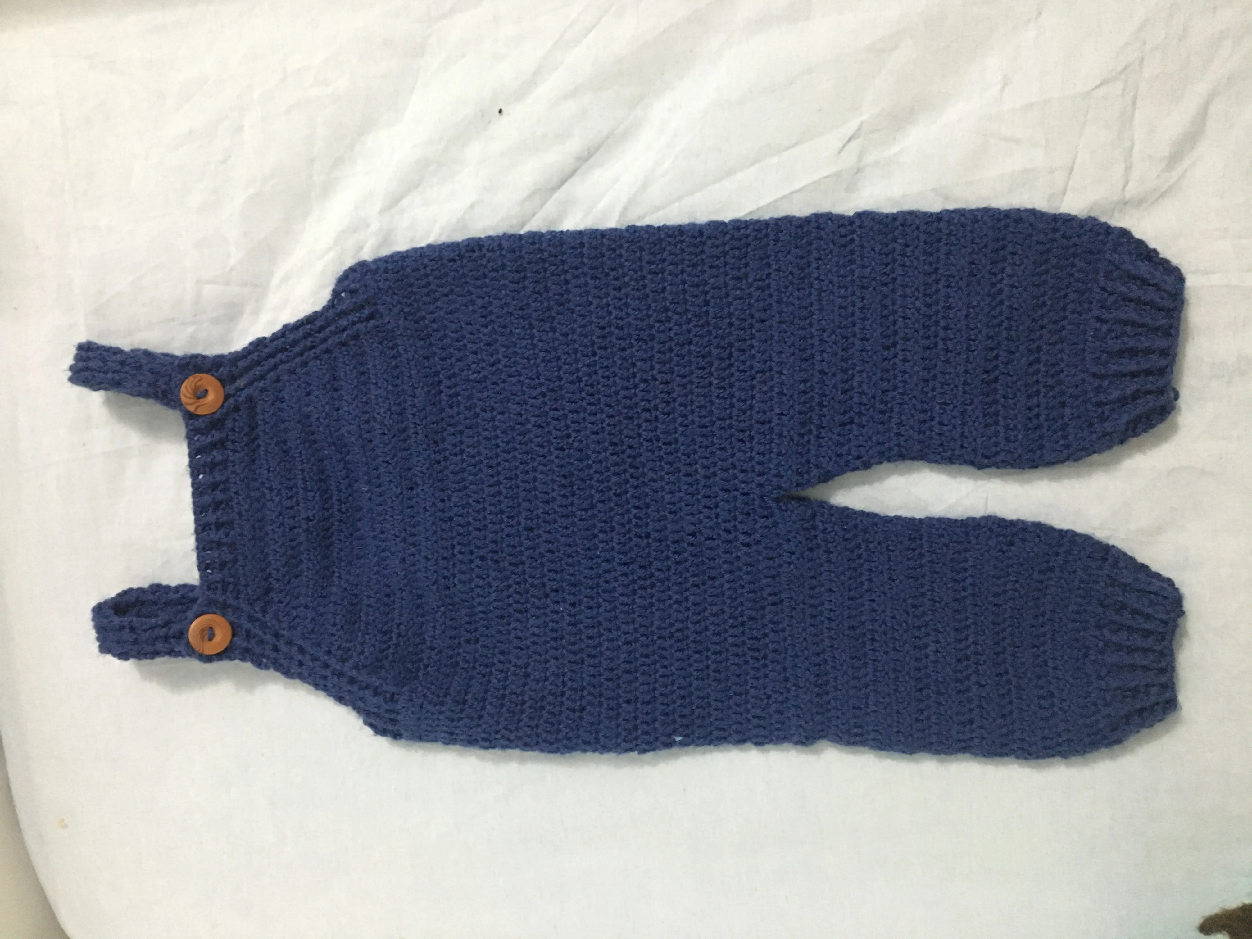 Navy Blue Knitted Baby Dungarees - Wooden Buttoned, Handmade