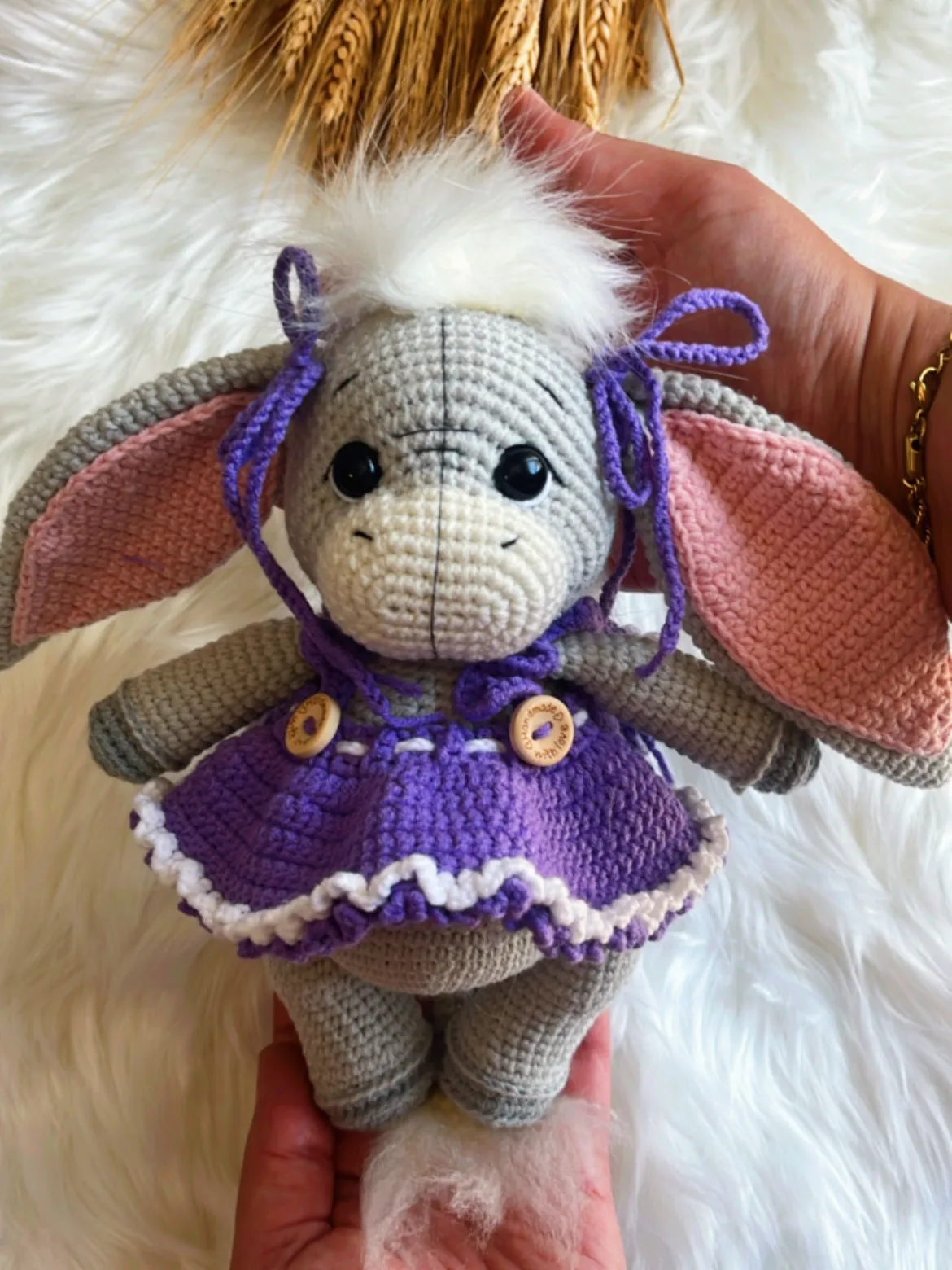Knitted Toy Donkey Baby - Purple Dress and Fancy - Handmade