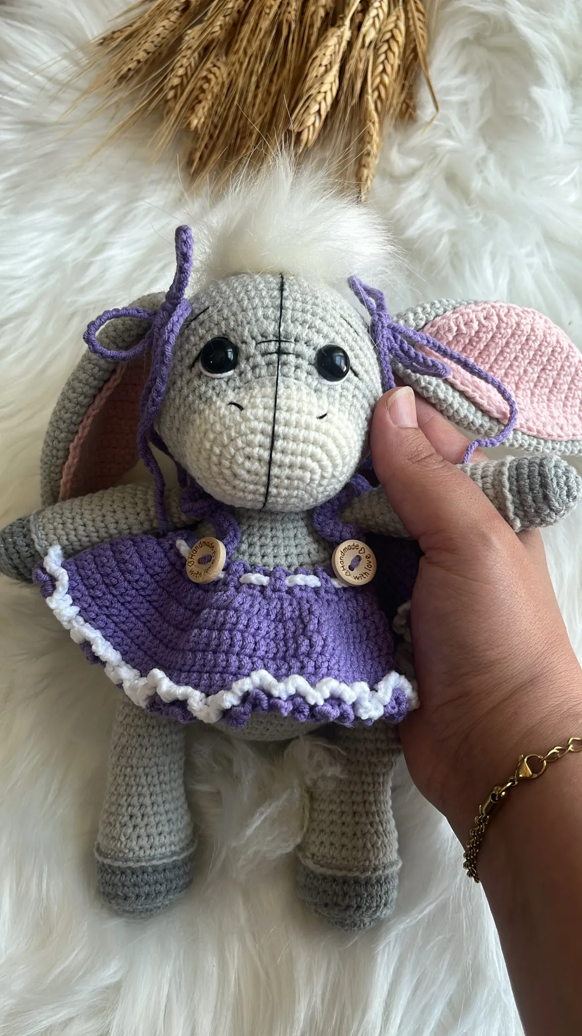 Knitted Toy Donkey Baby - Purple Dress and Fancy - Handmade