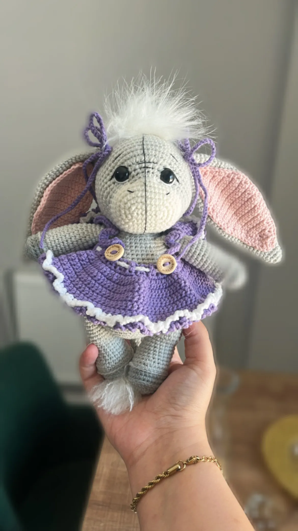 Knitted Toy Donkey Baby - Purple Dress and Fancy - Handmade