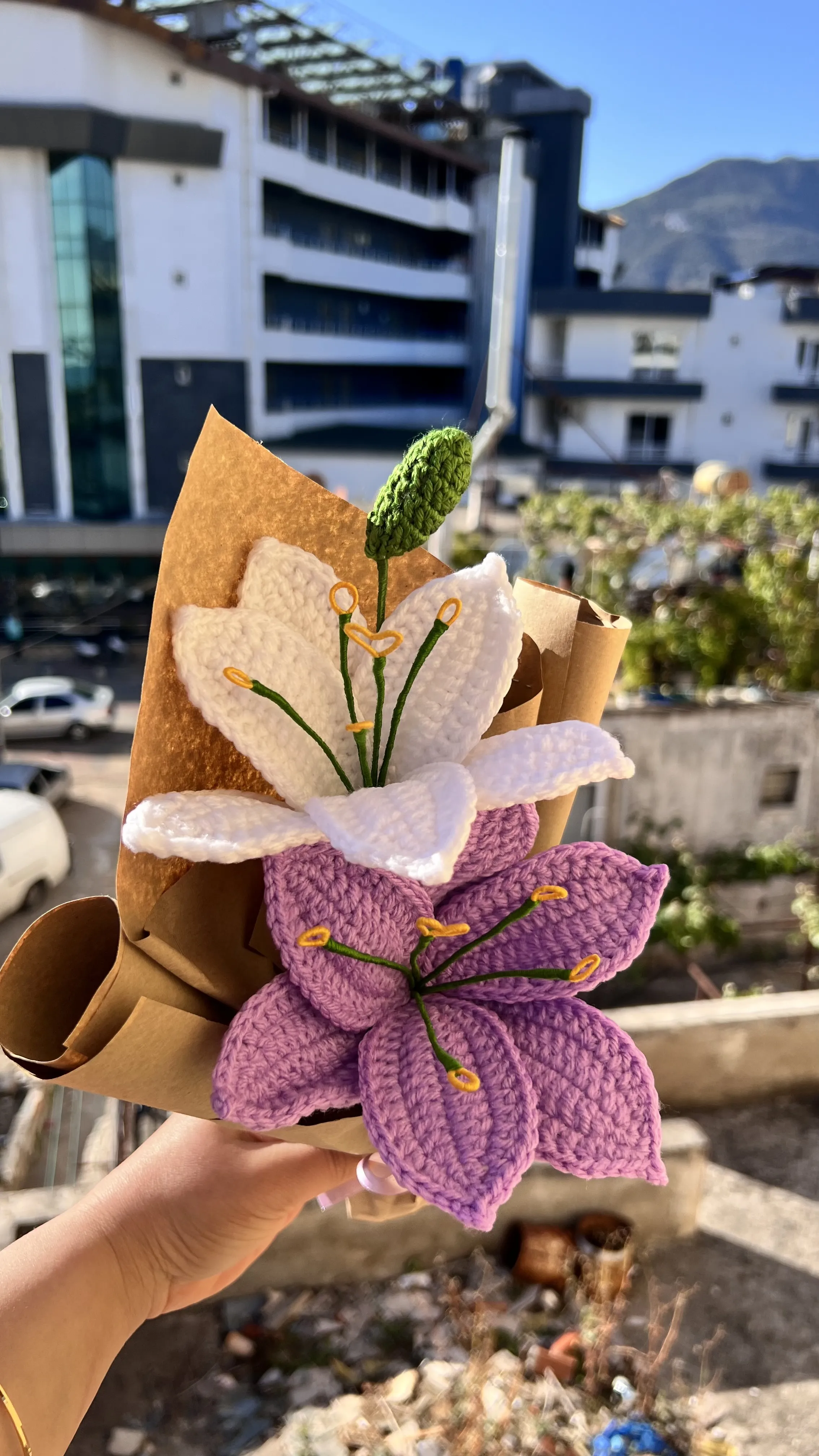 Purple and White Lily Bouquet - Hand Knitted Amigurumi Flower Arrangement