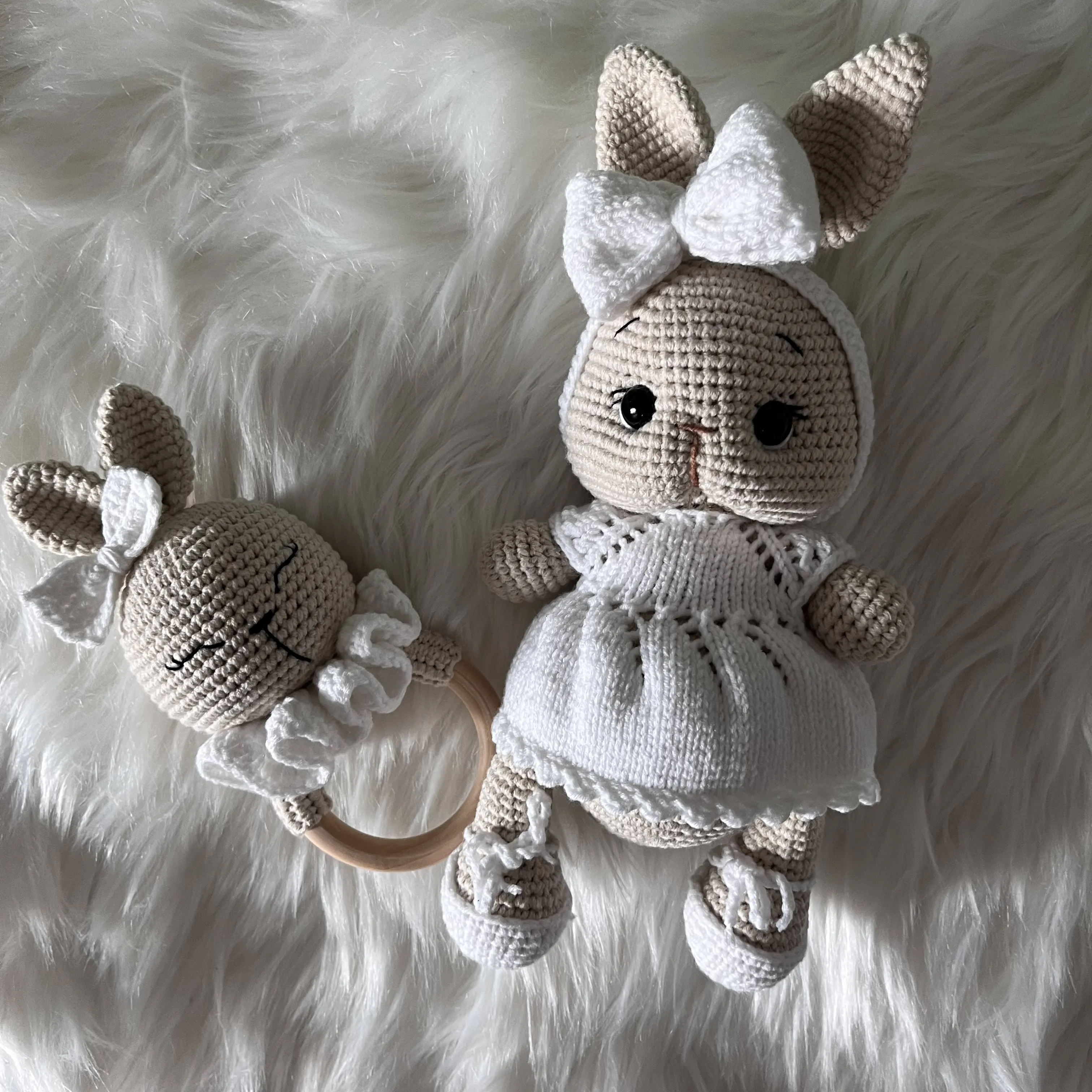 Knitted Toy Rabbit Doll - White Dress Amigurumi Sleep Companion