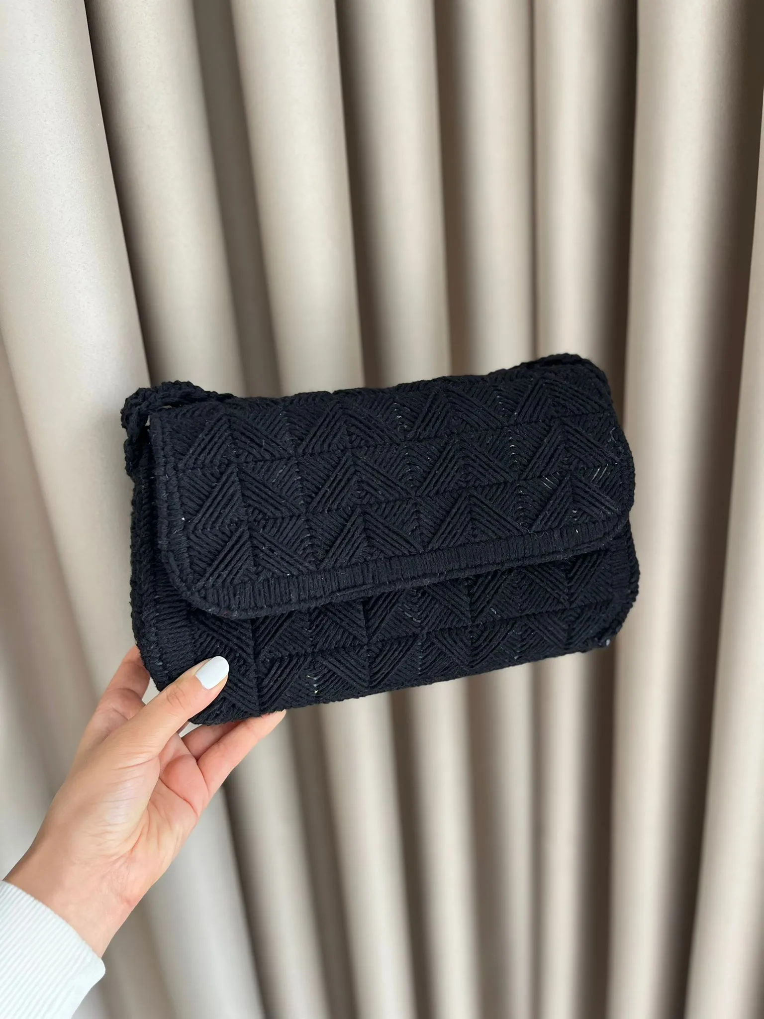 Black Macrame Knitted Shoulder Bag - Handmade Design, Stylish and Elegant
