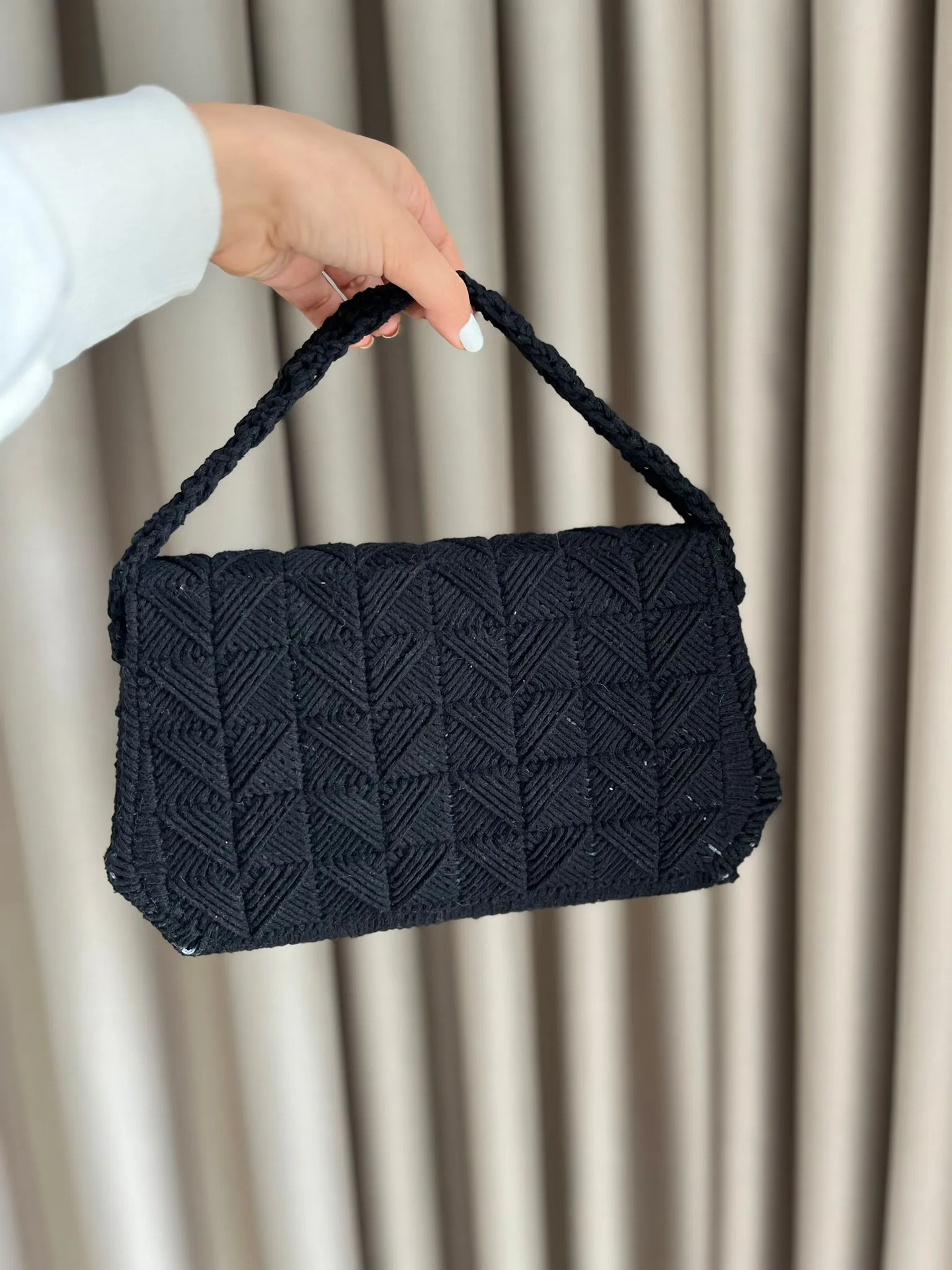 Black Macrame Knitted Shoulder Bag - Handmade Design, Stylish and Elegant