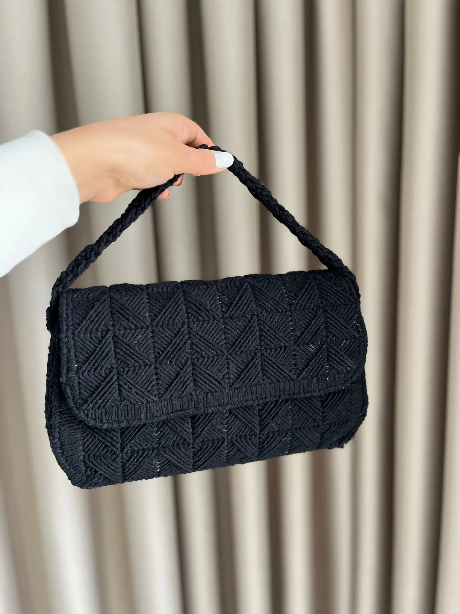 Black Macrame Knitted Shoulder Bag - Handmade Design, Stylish and Elegant