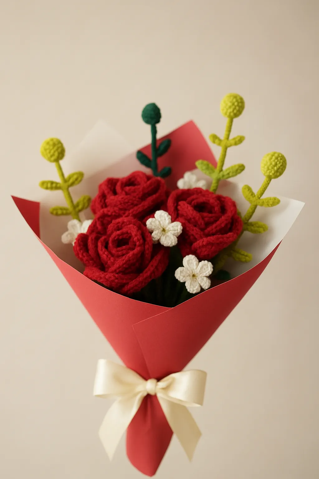 Crochet Red Rose Bouquet - Handmade Decorative Flower Arrangement