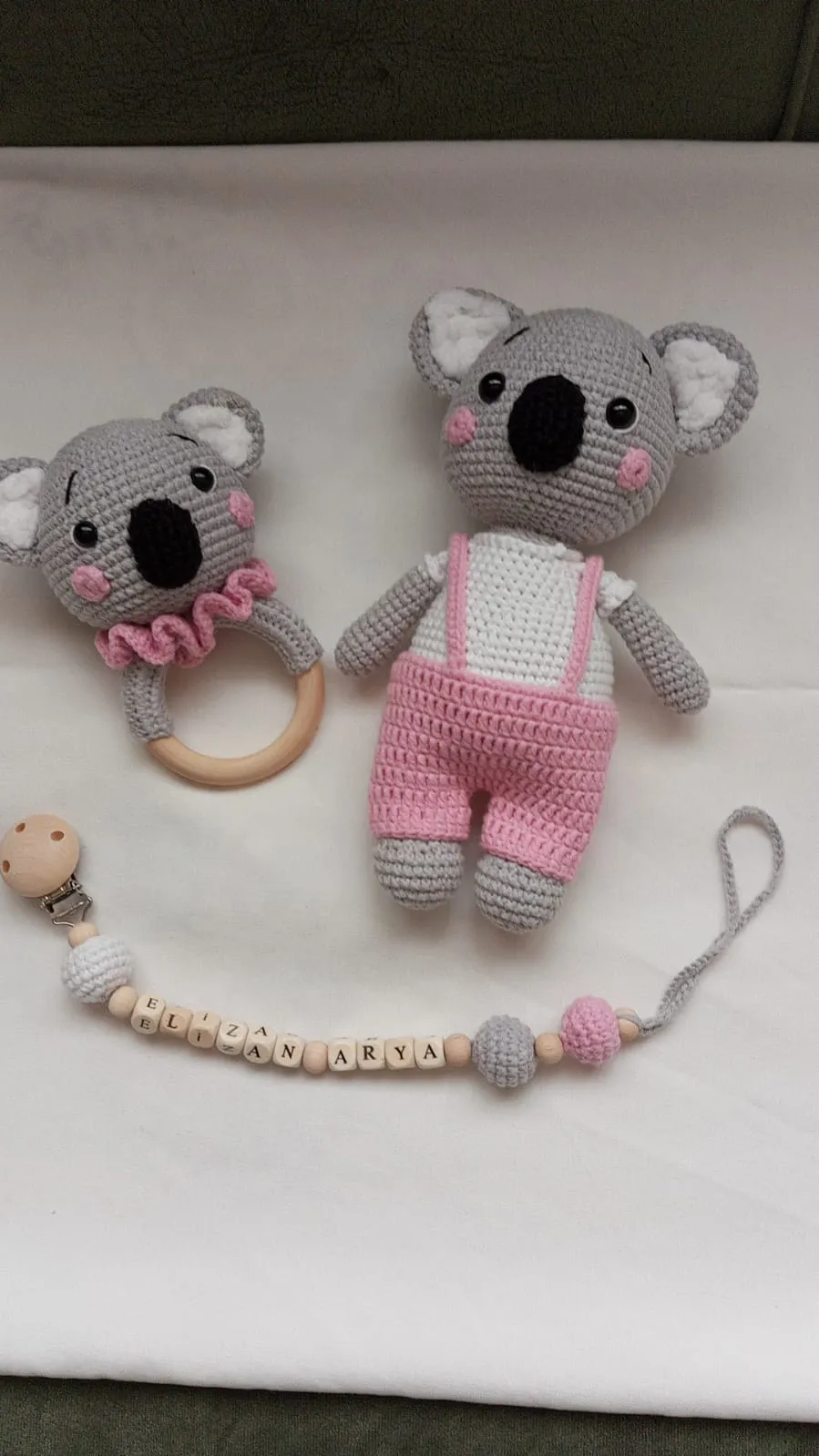 Amigurumi Koala Baby Toy Set - Pink Jumpsuit and Rattle
