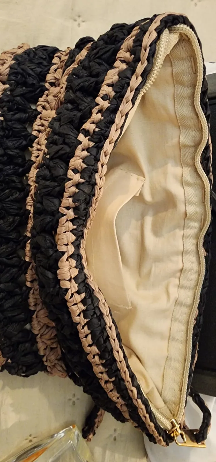 Siyah Kahve Kağıt İp Örgü Clutch - Fermuarlı ve Astarlı El Emeği