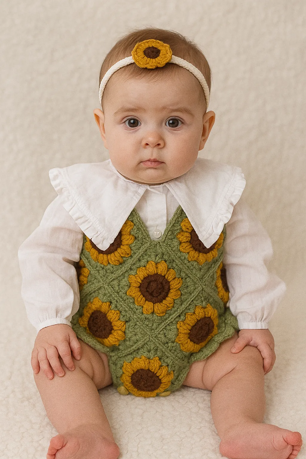 Knitted Sunflower Patterned Baby Romper Jumpsuit and Booties Set - Handmade