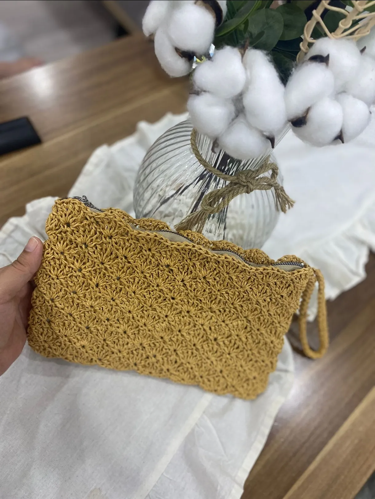 Yellow Paper Yarn Knitted Lined Zippered Clutch Bag - Handmade