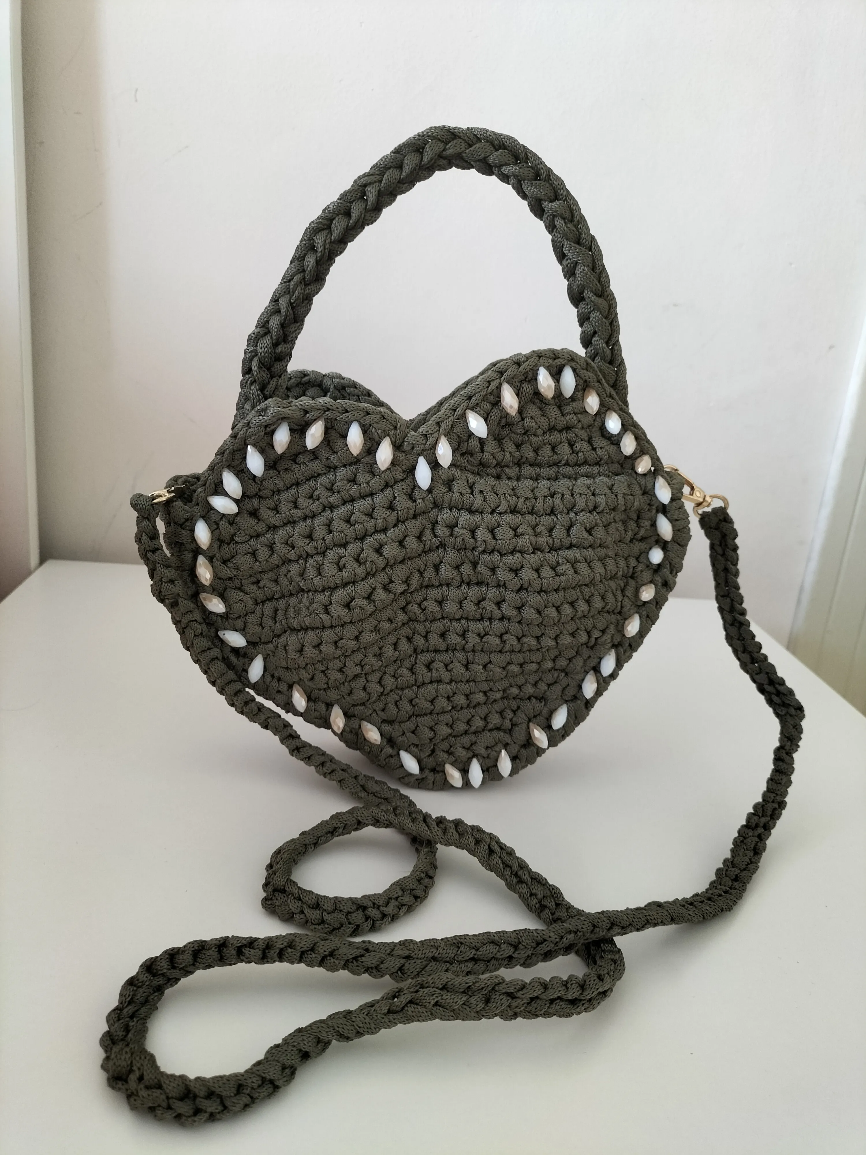 Khaki Color Heart Model Beaded Knitted Bag - Handmade