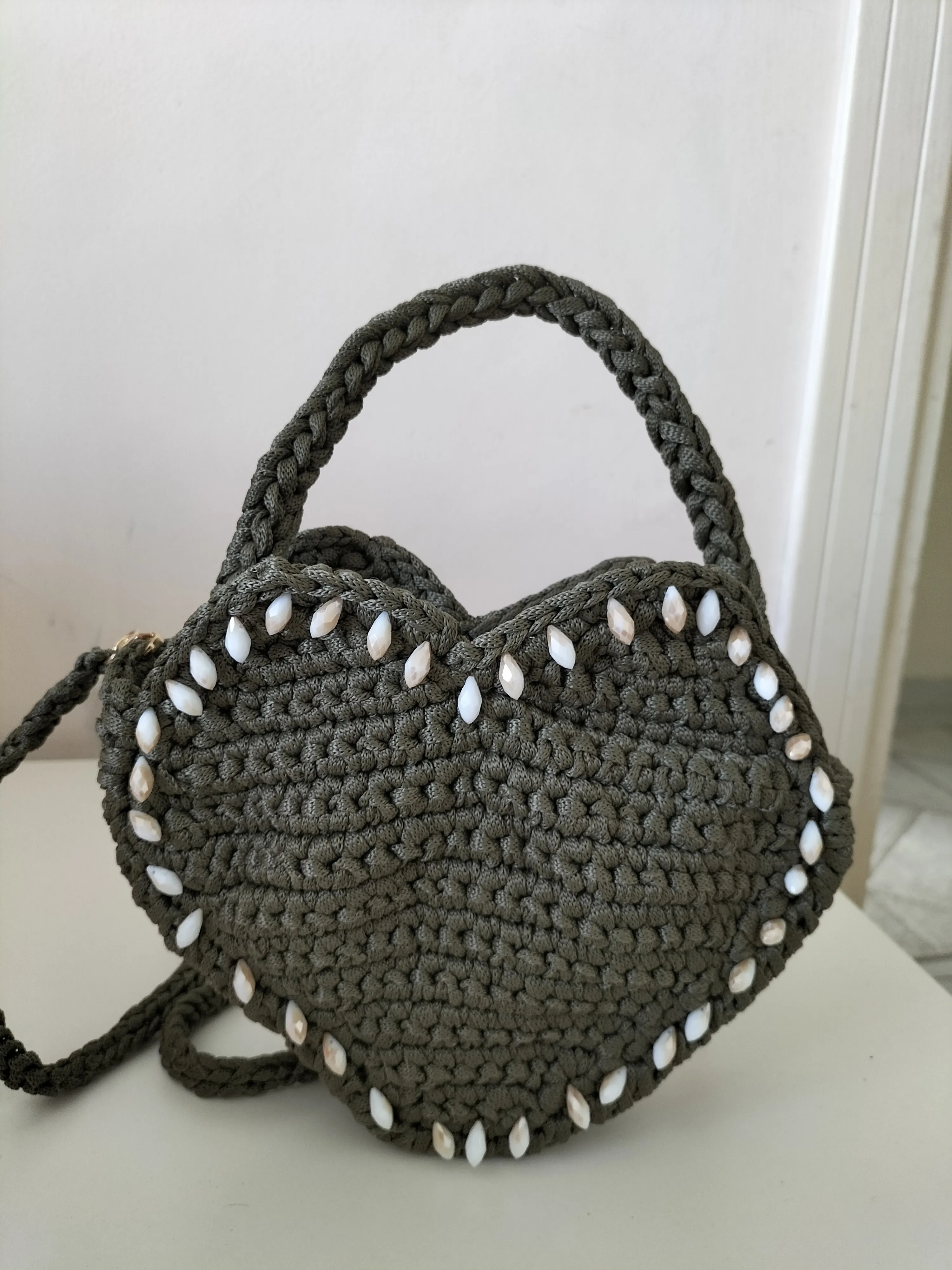 Khaki Color Heart Model Beaded Knitted Bag - Handmade