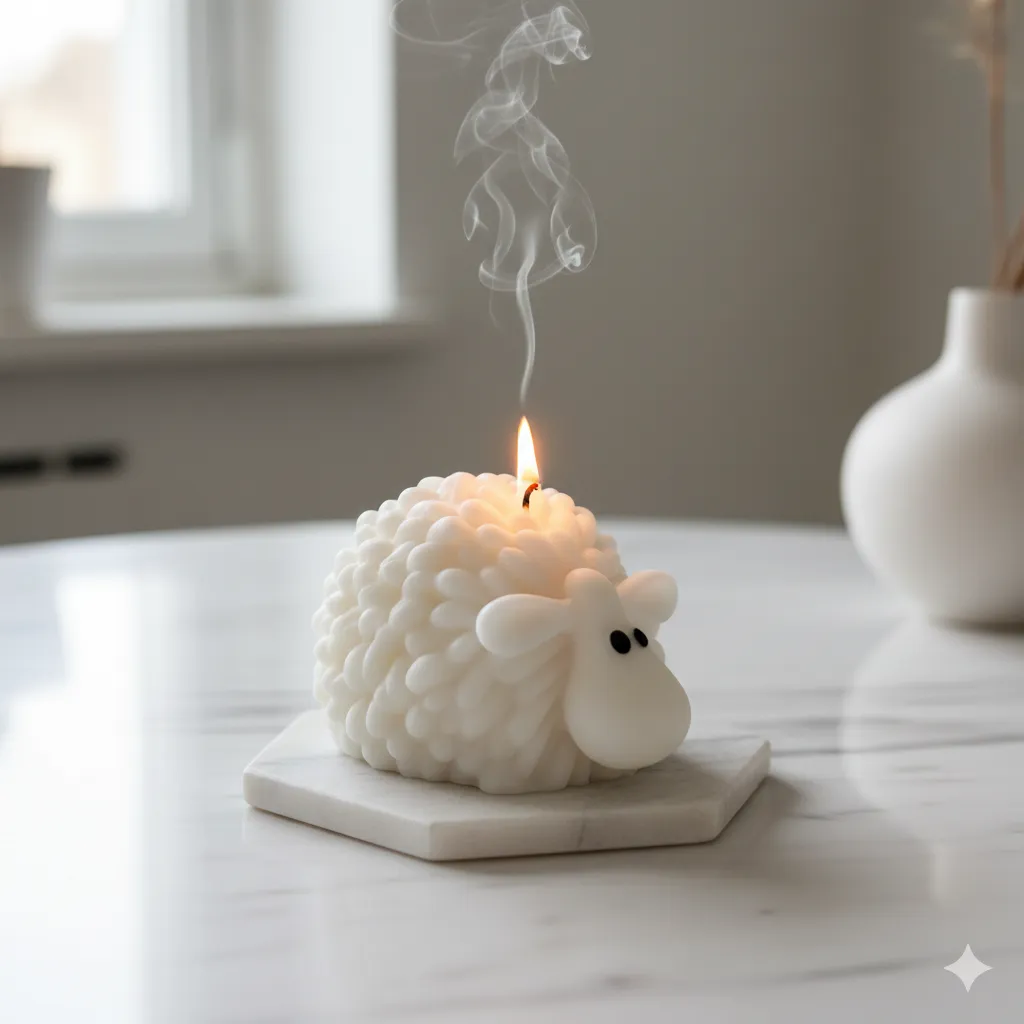 Beyaz Kuzu Tasarımlı Dekoratif Mum - Doğal ve El Yapımı