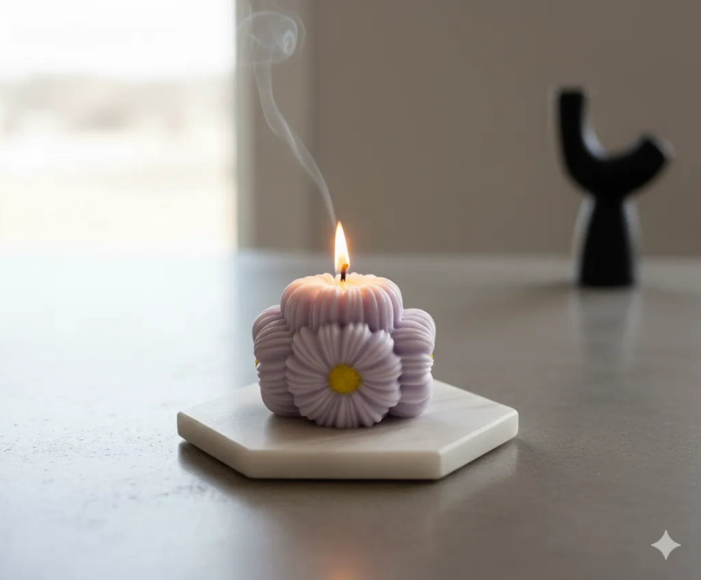 Lila Çiçek Tasarımlı Bubble Mum - Dekoratif El Yapımı Aromaterapi Mum