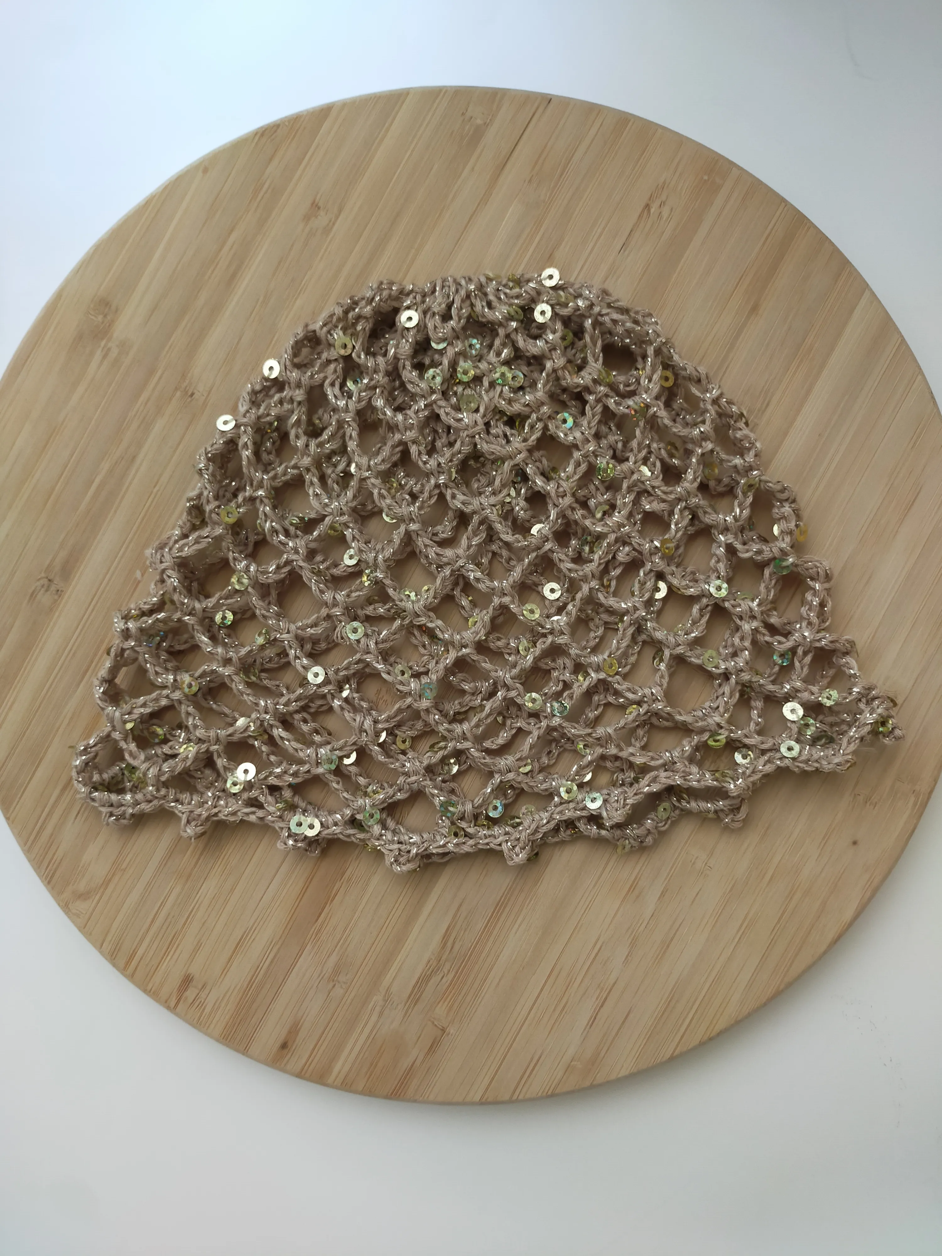 Beige Color Glitter Sequined Knitted File Hat - Handmade Design