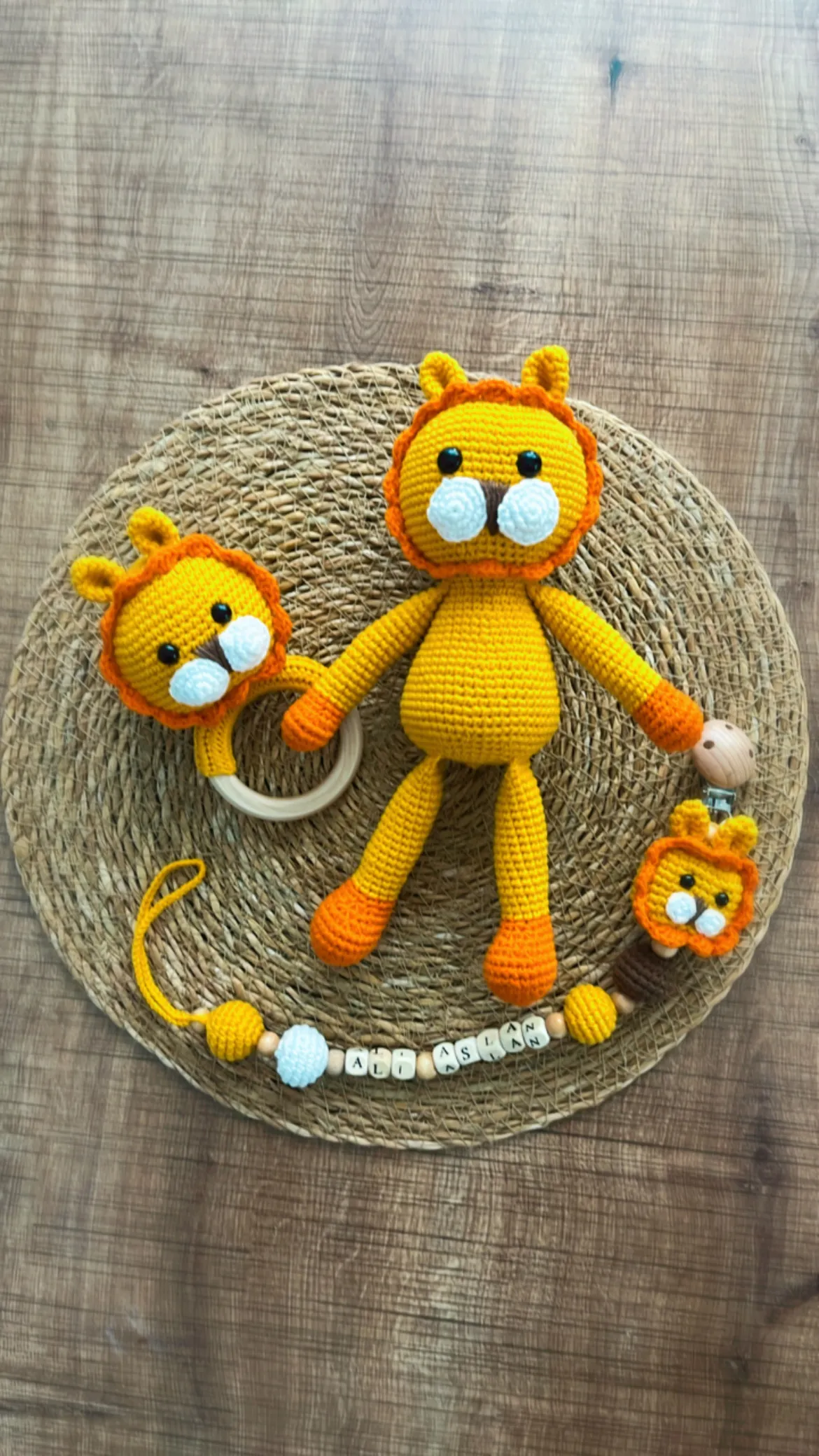 Yellow Amigurumi Lion Baby Sleep Companion, Rattle and Pacifier Chain Set