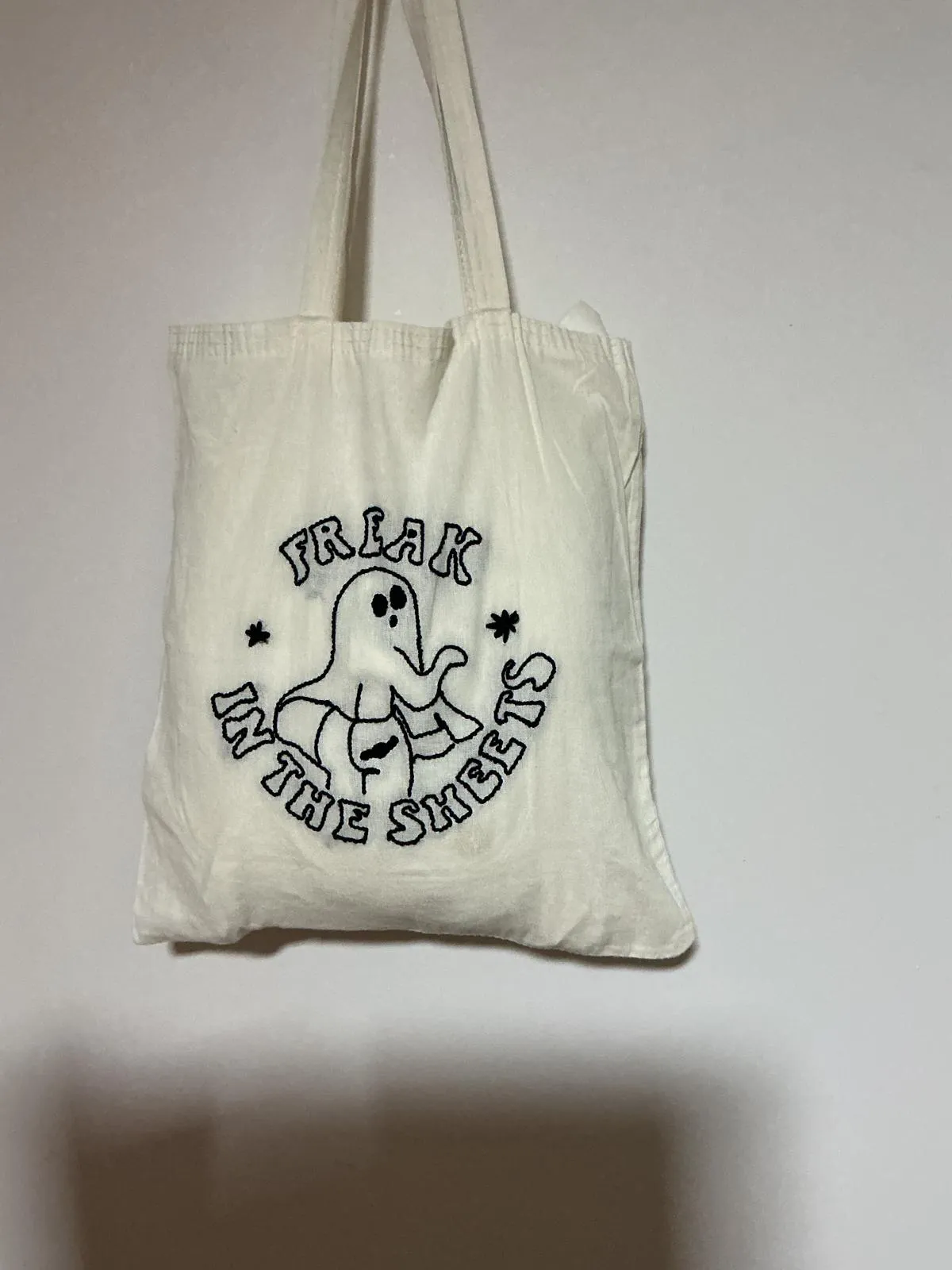 Punch Embroidered Tote Bag - Ghost Pattern, Handmade, 35x40 cm