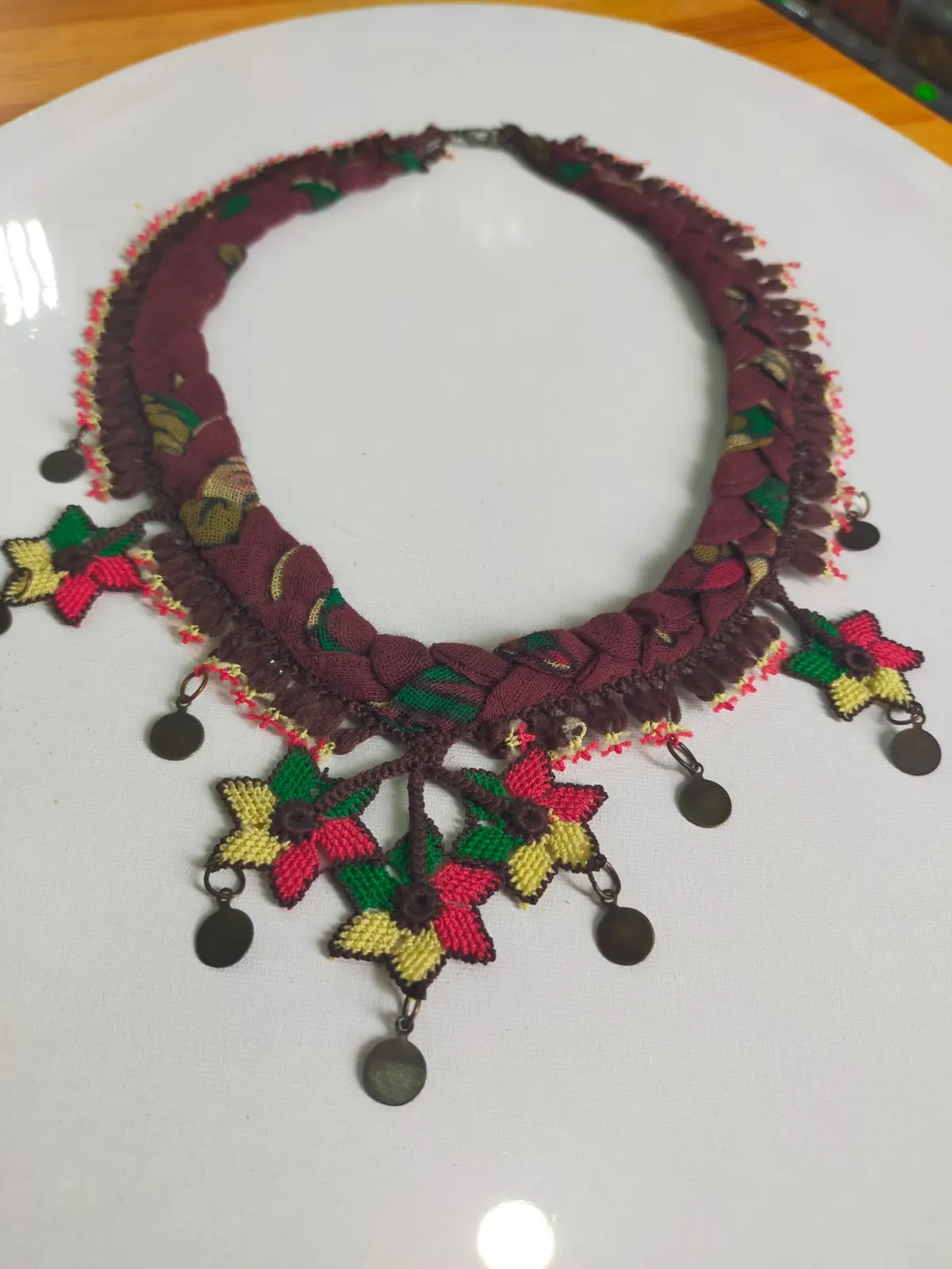 Coffee Colored Silk Needle Lace and Cotton Muslin Necklace - Authentic Design