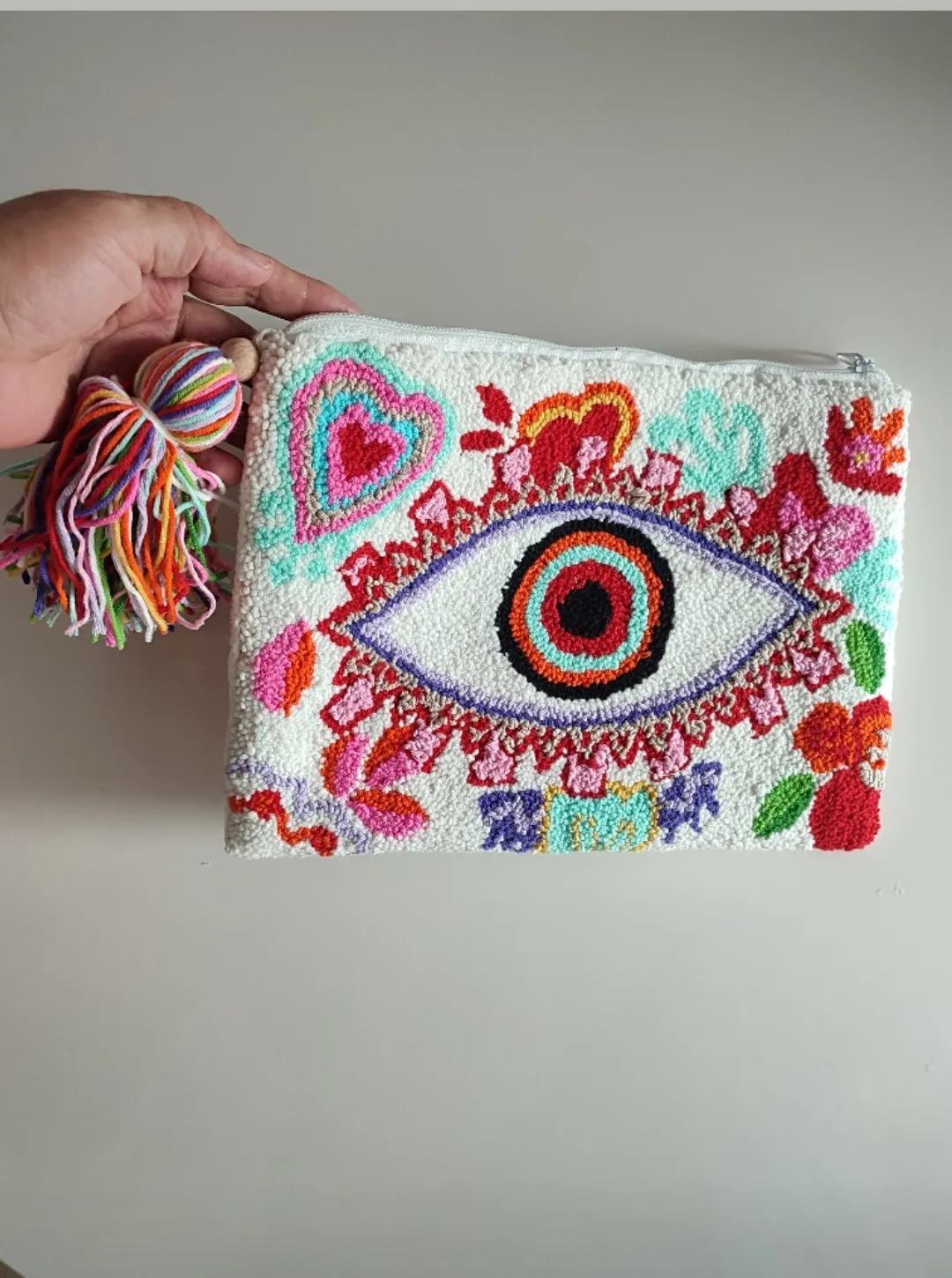 White Background Embroidered Clutch Women's Handbag - Zippered and Lined