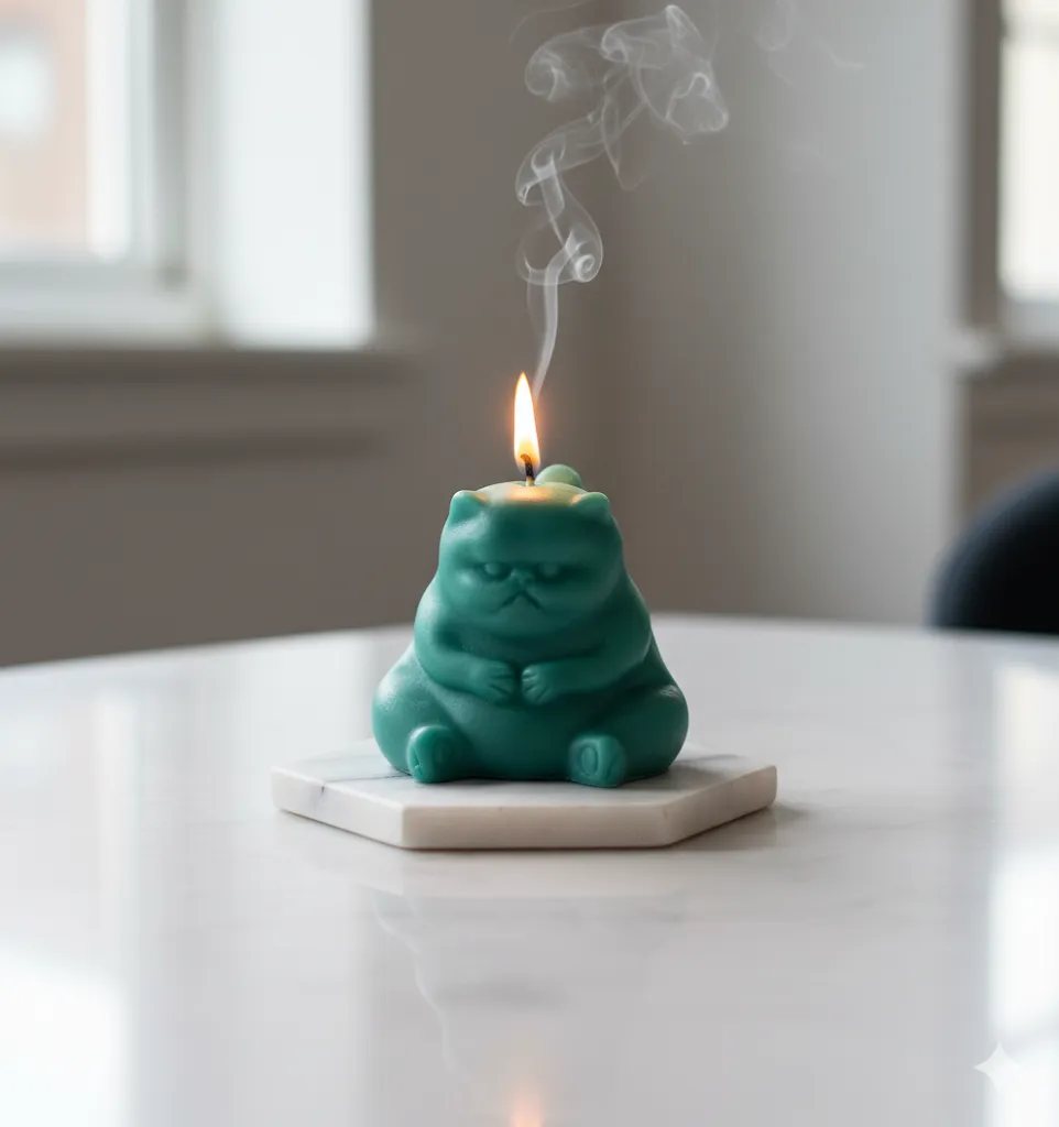Yeşil Renkli Kedi Figürlü Mum - El Yapımı Aromaterapi Mum