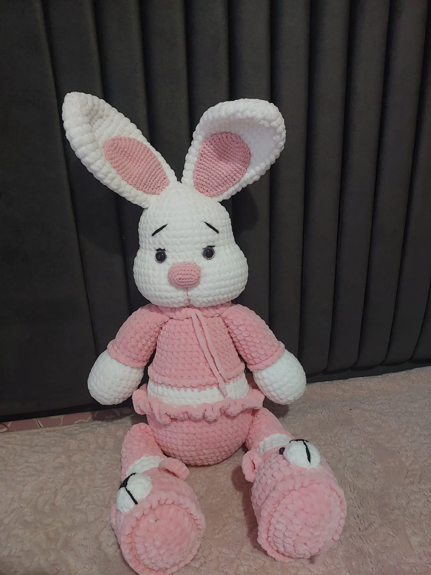 Pink and White Velvet Yarn Rabbit Toy Doll - Hand Knitted