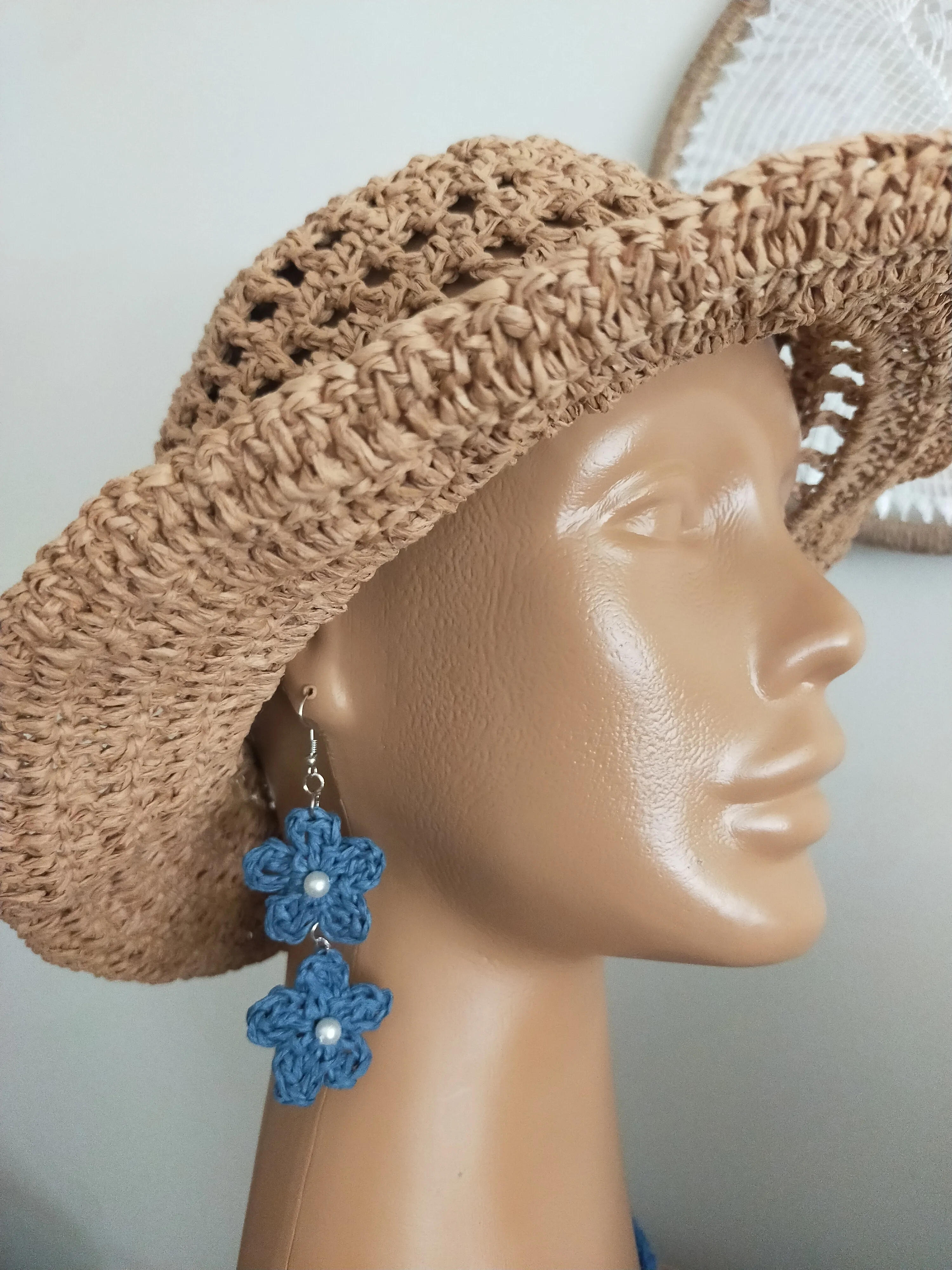 Blue Flower Motif Pearl Detailed Paper Rope Earring - Handmade