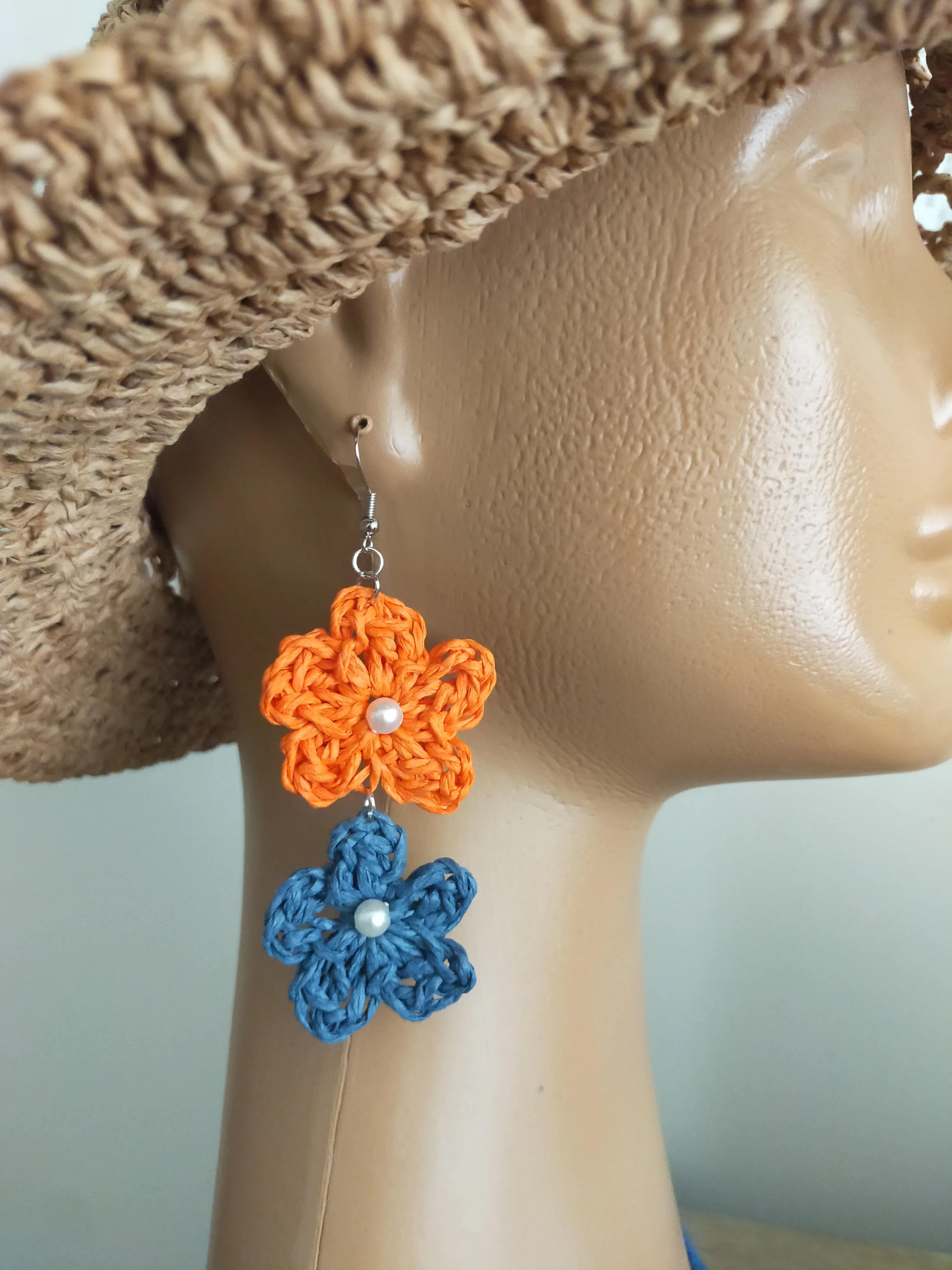 Orange and Blue Flower Detailed Paper Rope Earrings - Bohemian Style